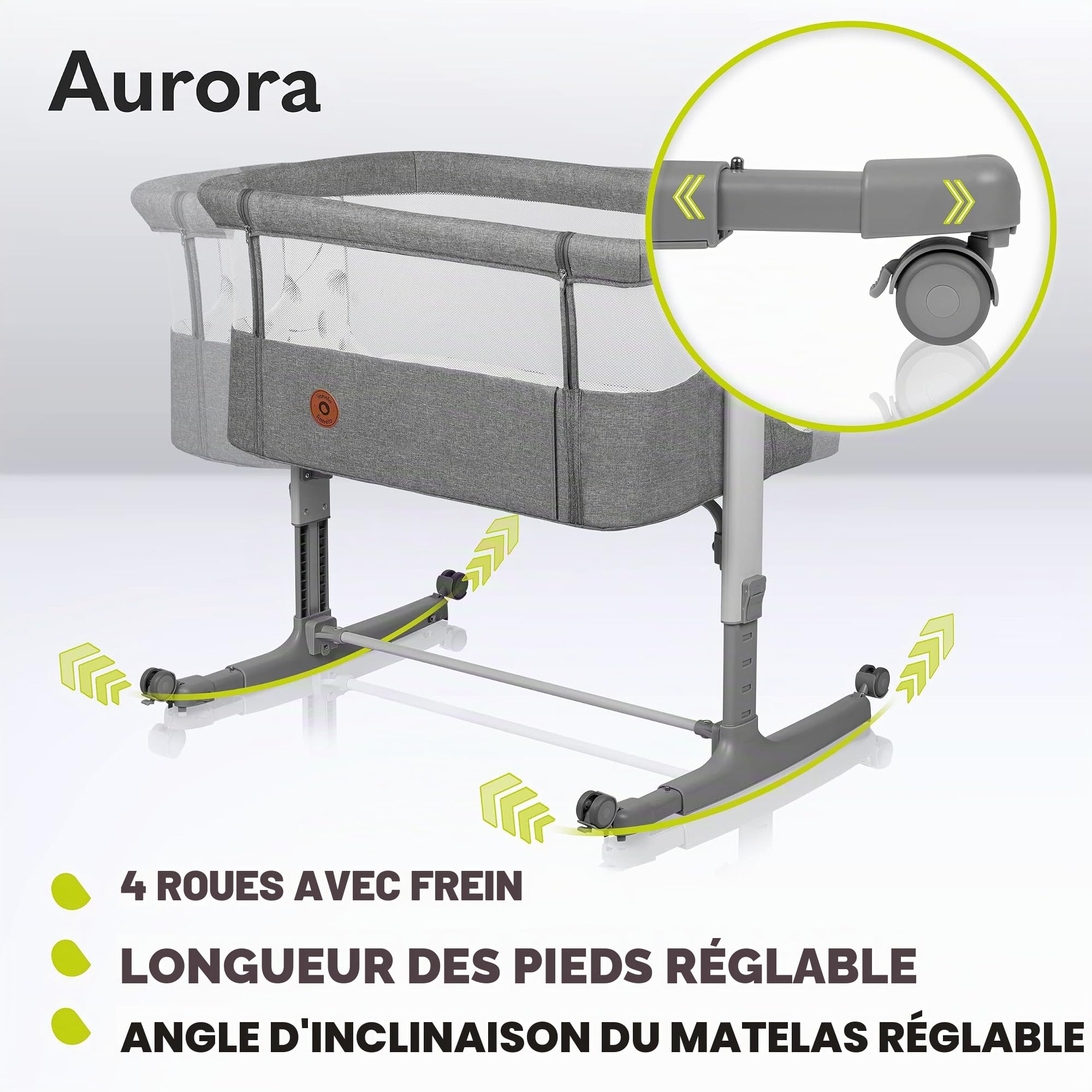 lionelo Aurora Lit de Chevet 3 en 1 pour bébé de la Naissance à 9 kg, Hauteur et Inclinaison réglables, Matelas, 4 Roues verrouillables, Panneaux en Maille Respirante, Portable, Lavable, Sac de