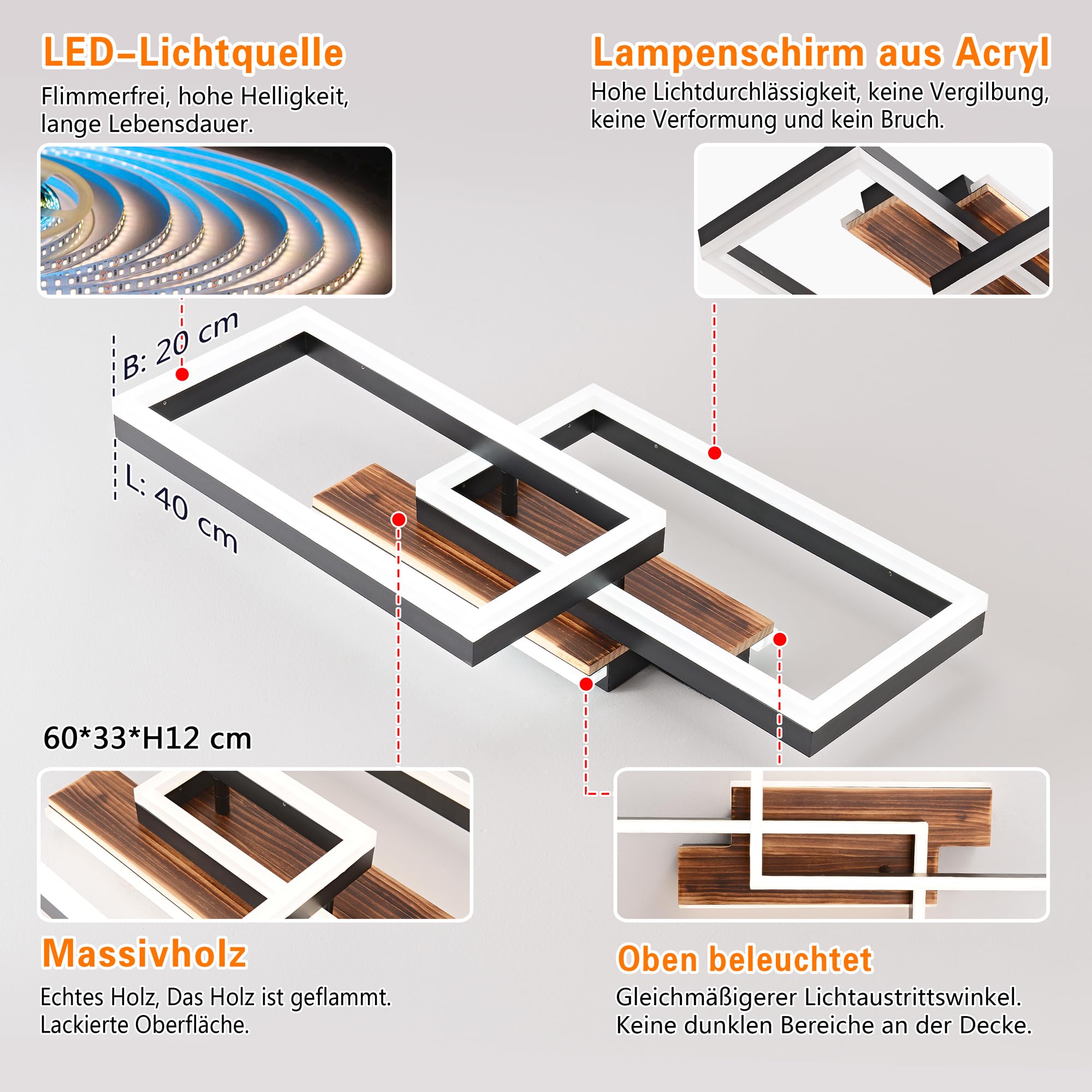 Plafoniera LED Soffitto legno dimmerabile, Vintage plafoniera Camera da Letto, Plafoniere rettangolare nera con telecomando, 48W 60cm 4800lm 3000K-6000K, Funzione di memoria, Luce notturna da 4W