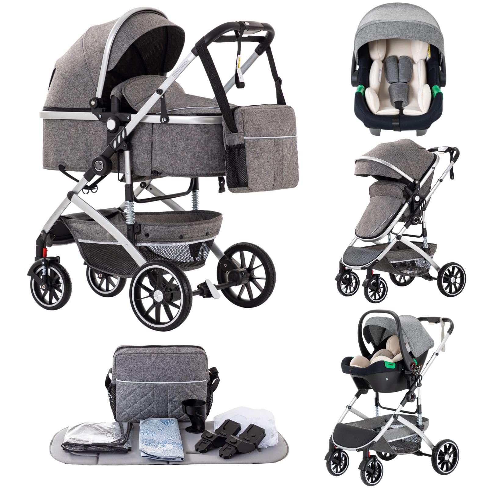 Cochecito de Bebé 3 en 1, Cochecito Plegable en Un Clic, Cochecito Alto con Asiento Ancho y Acogedor (38.5cm), Se Puede Bloquear las Ruedas Delanteras