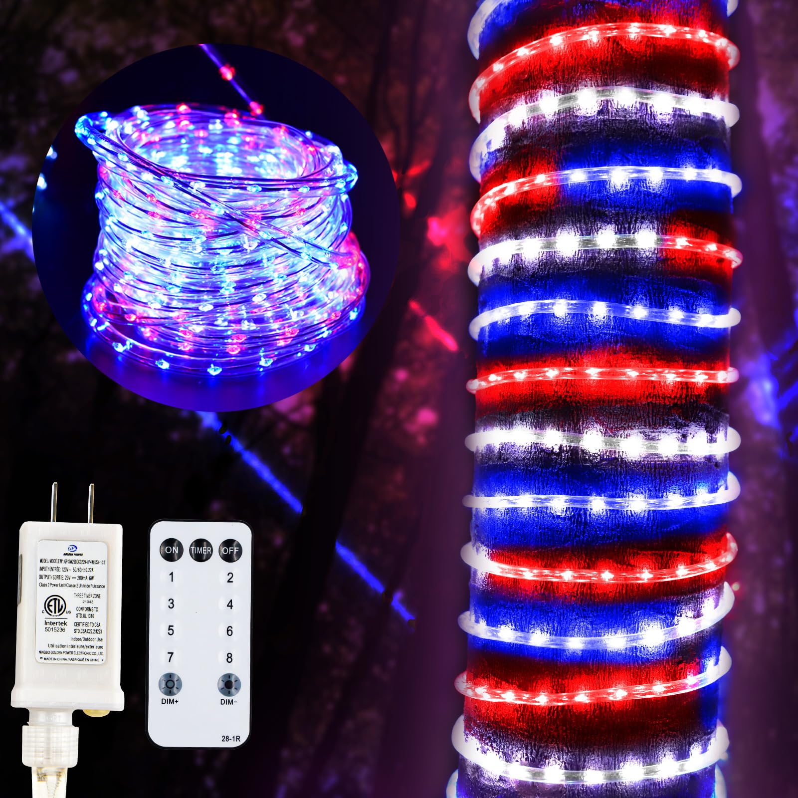 Photo 1 of Kenburg 4th of July Decorations Outdoor, 100ft 1200 LED Red White and Blue Lights Patriotic Rope Light Plug in 8 Modes Remote Timer with Memory for Independence Day National Day
