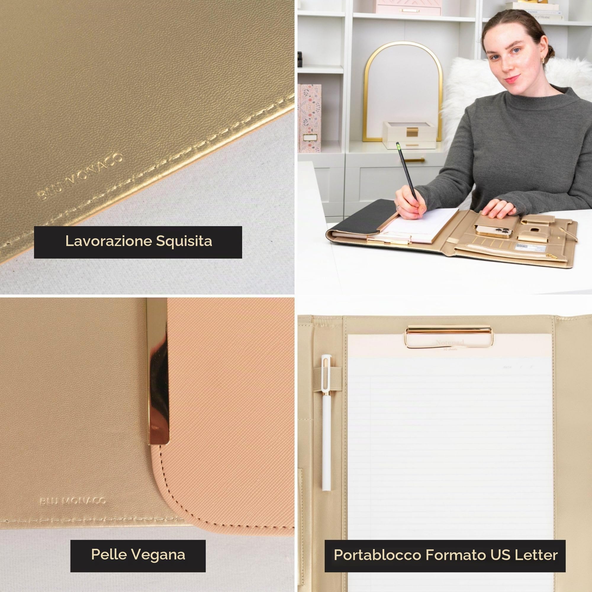 BLU MONACO, Raccoglitore in pelle vegana beige pesca, professionale, con chiusura magnetica e finiture dorate, 21,5 x 28,5 cm, custodia organizer da donna