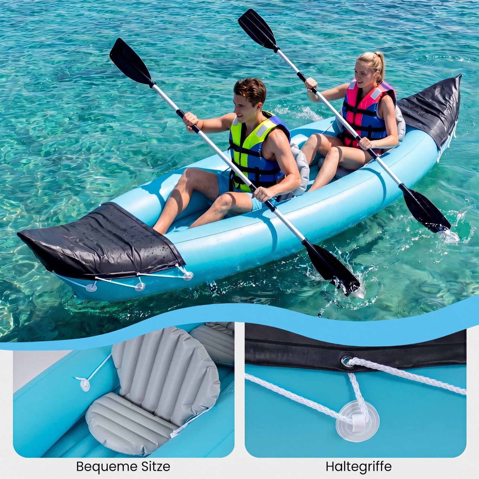 COSTWAY Kajak aufblasbar 2 Personen, aufblasbares Kanu mit Aluminiumpaddel, Pumpe & 2 komfortable Sitze, Schlauchboot, 160 kg Gewichtskapazität