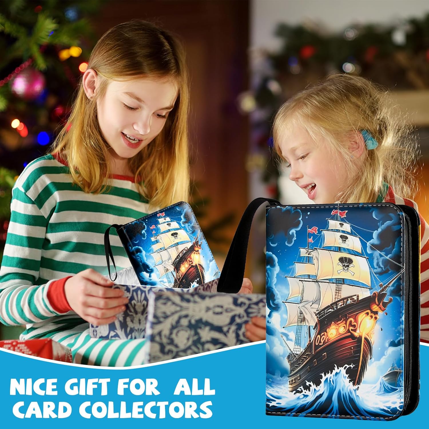 4 Pocket Pirate Ship Trading Card Binder 400 Pockets Trading Cards Collection Album Portable Waterproof Card Storage Bag with Zipper Hand Carrying Rope for Men Boys Teens Anime Game Sports Cards
