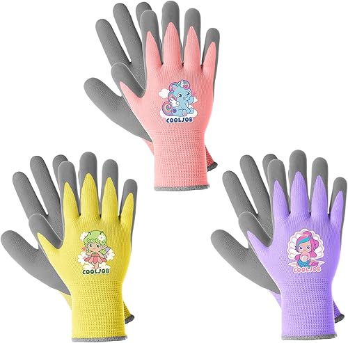 COOLJOB 3 pares de guantes de jardinería para niños de 9 a 12 años, guantes de trabajo con revestimiento de goma agarre, color morado, rosa y