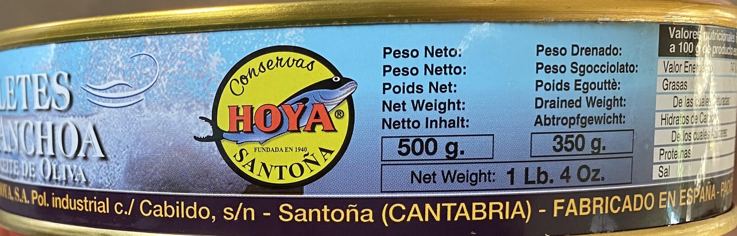 Hoya Anchoas de Santoña XL - 00 Lata de 500g/Aprox.67 filetes. Elaboración Artesana con bocartes grandes del Cantábrico en Aceite de Oliva. (500g (Paquete de 1)) - 1