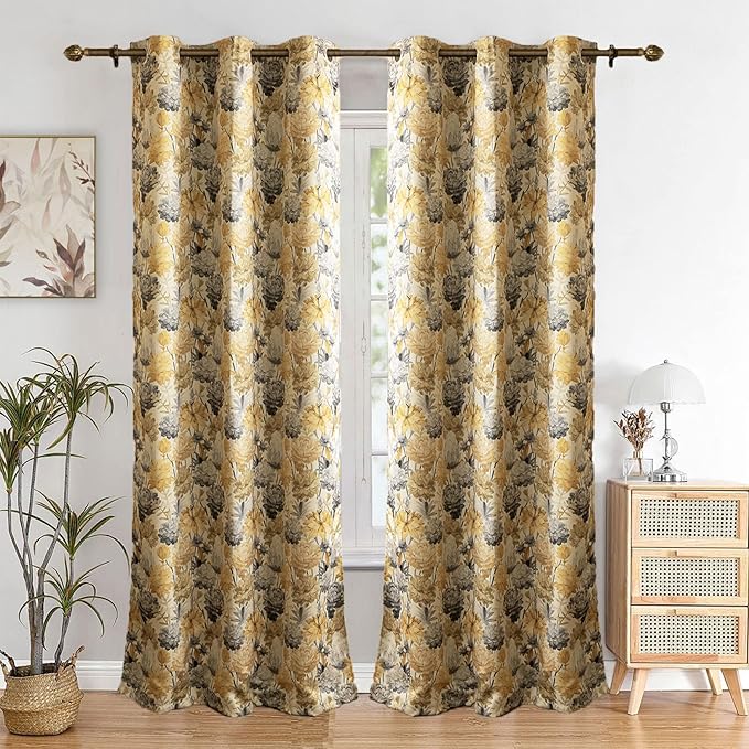 HOMEMONDE Polyester Curtains 8 Feet Long Door - Room Darkening Room Privacy Curtain, Design Digital Printed Heat Reducing Panels Set - (Yellow & Grey, 96L x 46W Inch)
