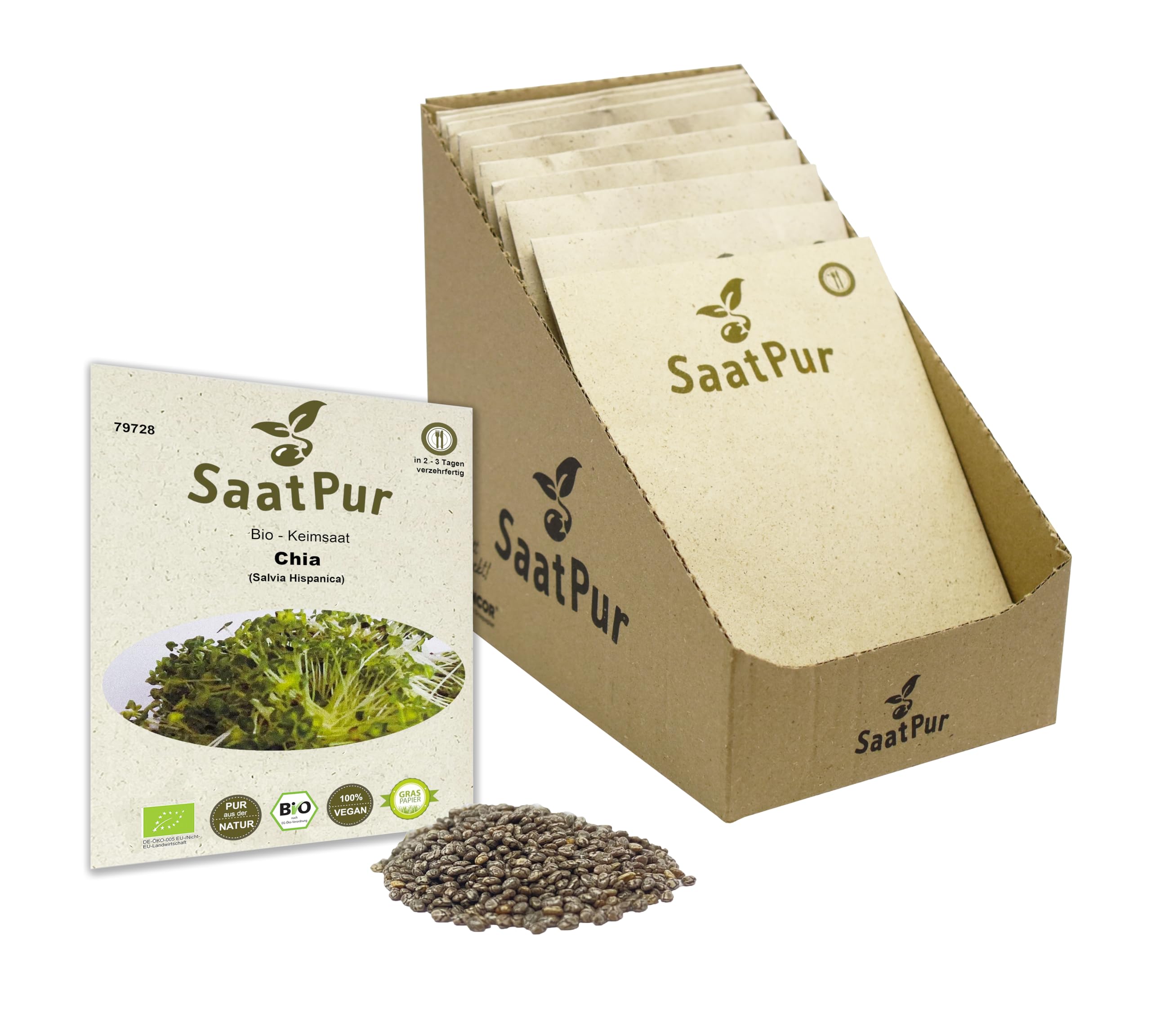 BIO Keimsprossen Chia Bio Keimsaat von SaatPur - Sprossen, Microgreens - Kleines Tray mit 40 Portionstüten je 15g