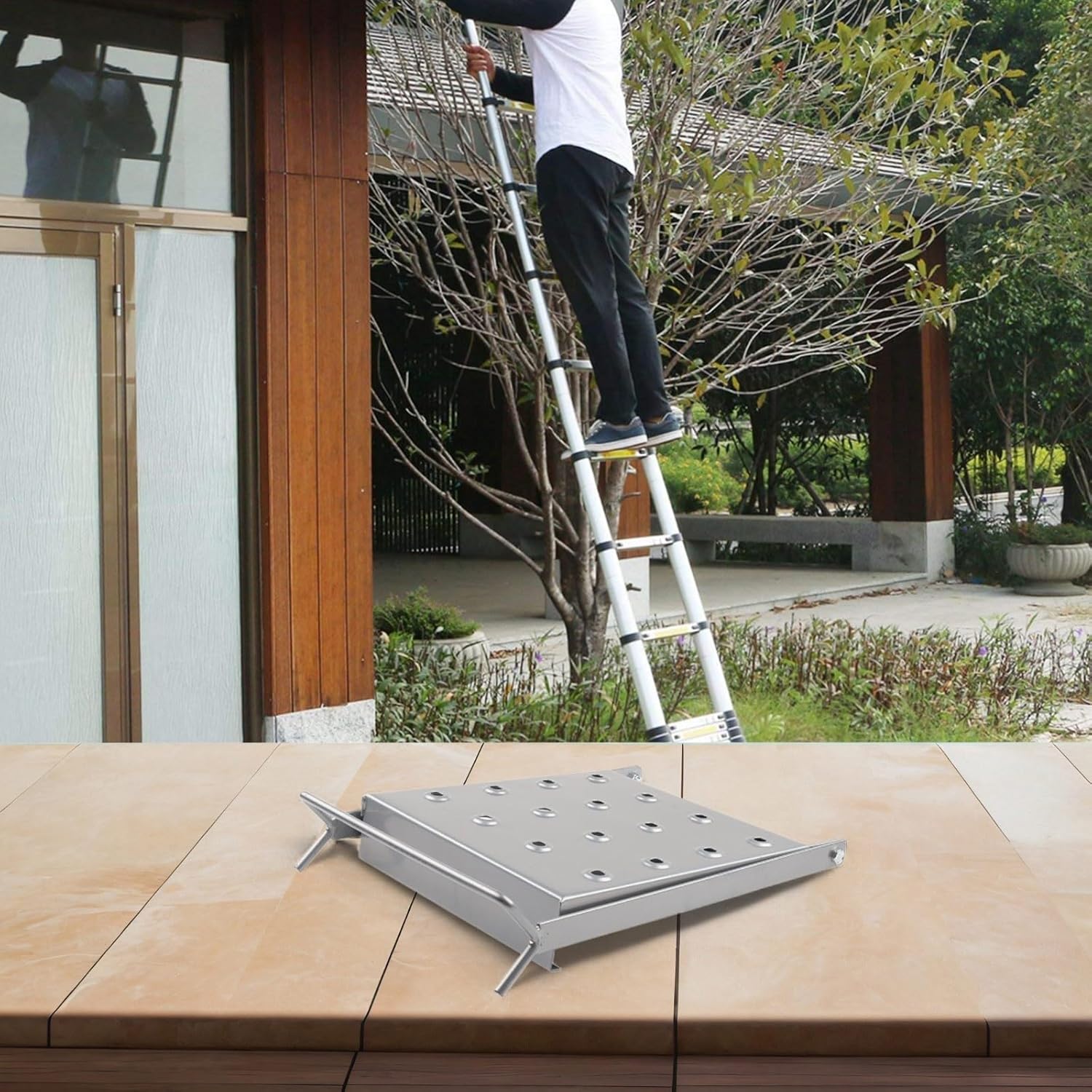 Portable Ladder Work Platform, Heavy Duty Step Stand for Indoor Outdoor Use, Foldable Multipurpose Workbench with Non-Slip Iron Frame, 30 x 26.5 cm, Silver