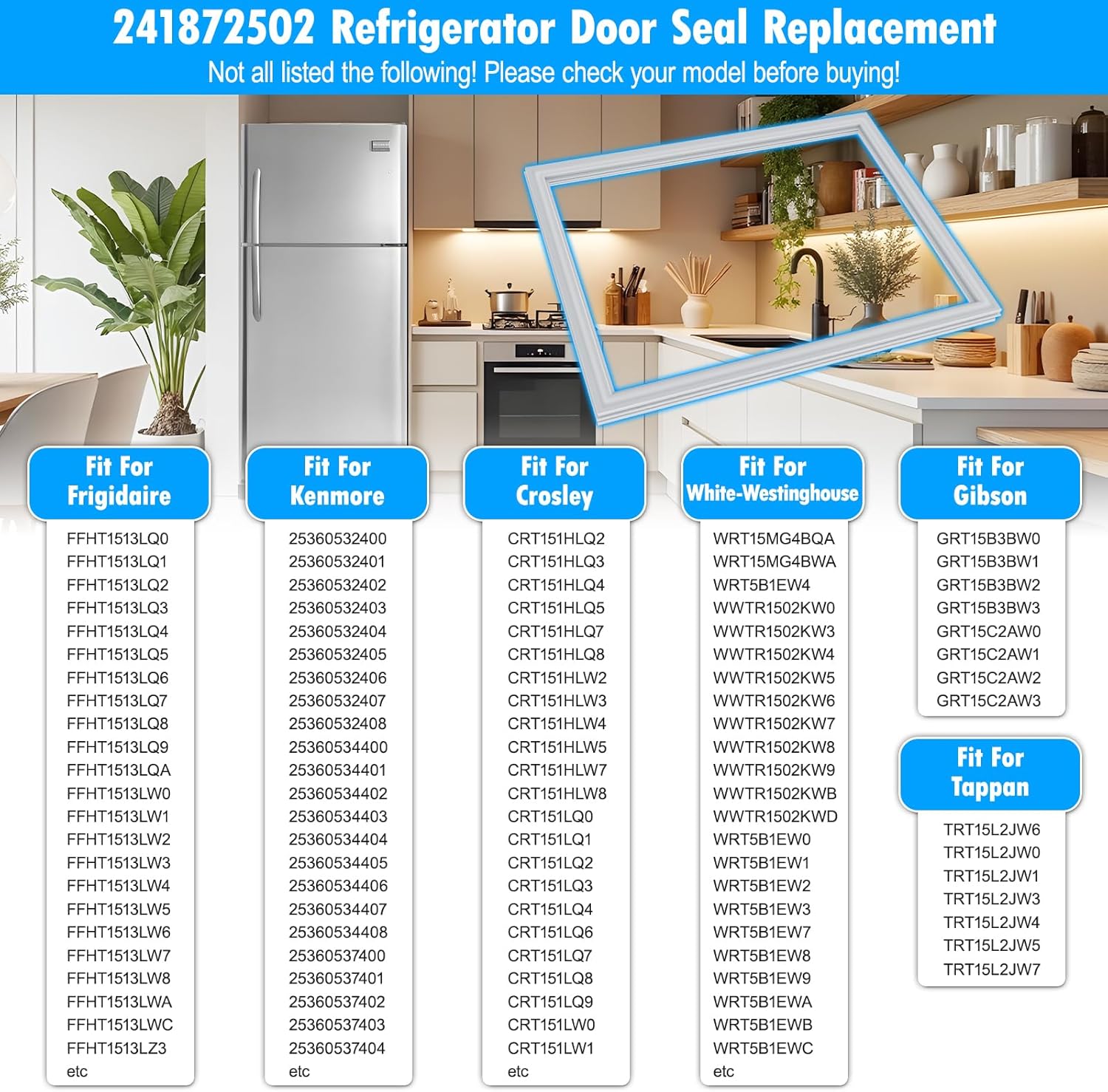 Upgraded 241872502 Refrigerator Door Gasket Compatible with Frigidaire Electrolux Refrigerator Door Gasket 240370902 240514602 Fridge Seal Replacement Kenmore Refrigerator Door Gasket Seal FFTR1513LW8