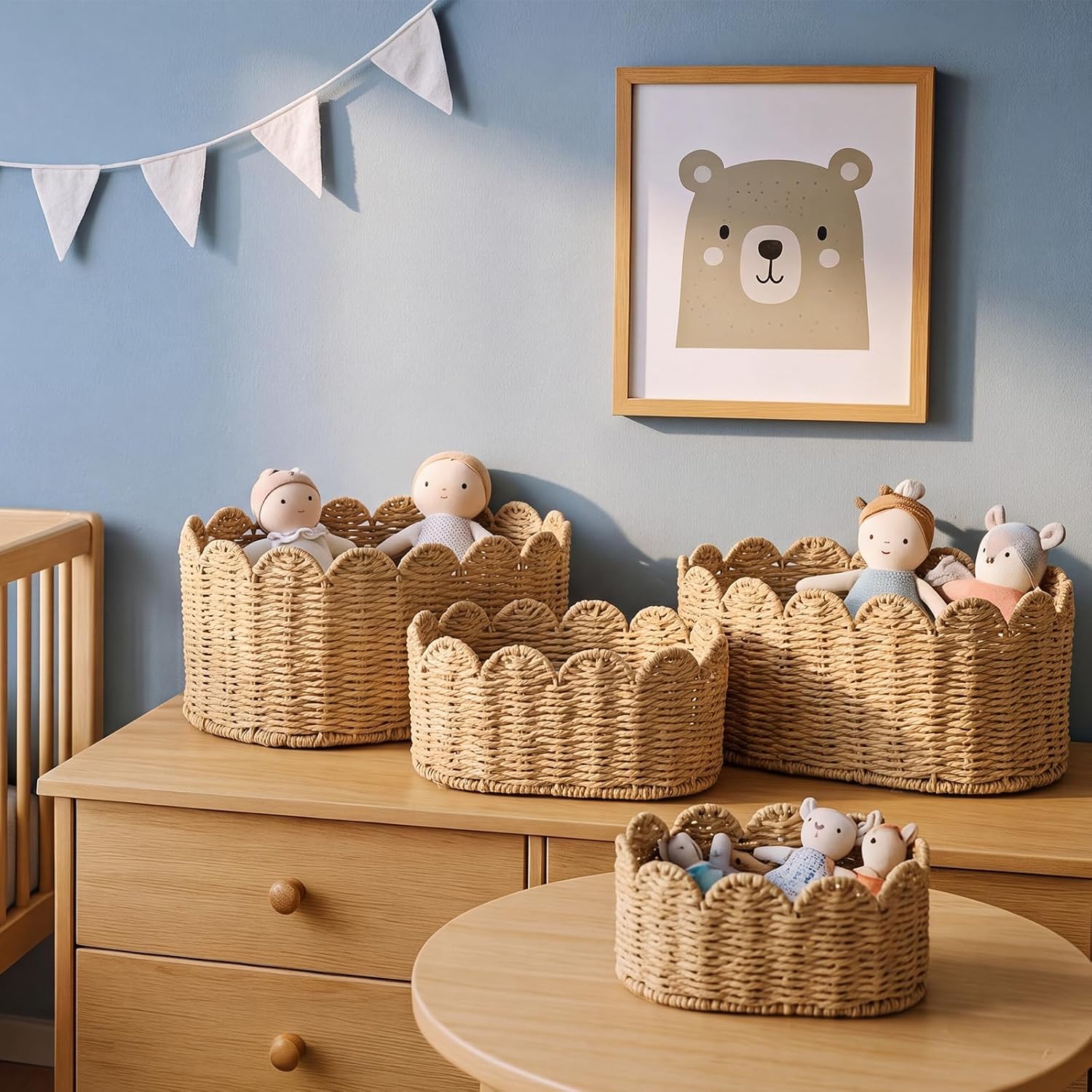 Pinkunn 4 Set Premium Scalloped Basket, Wicker Storage Baskets, 4 Sizes