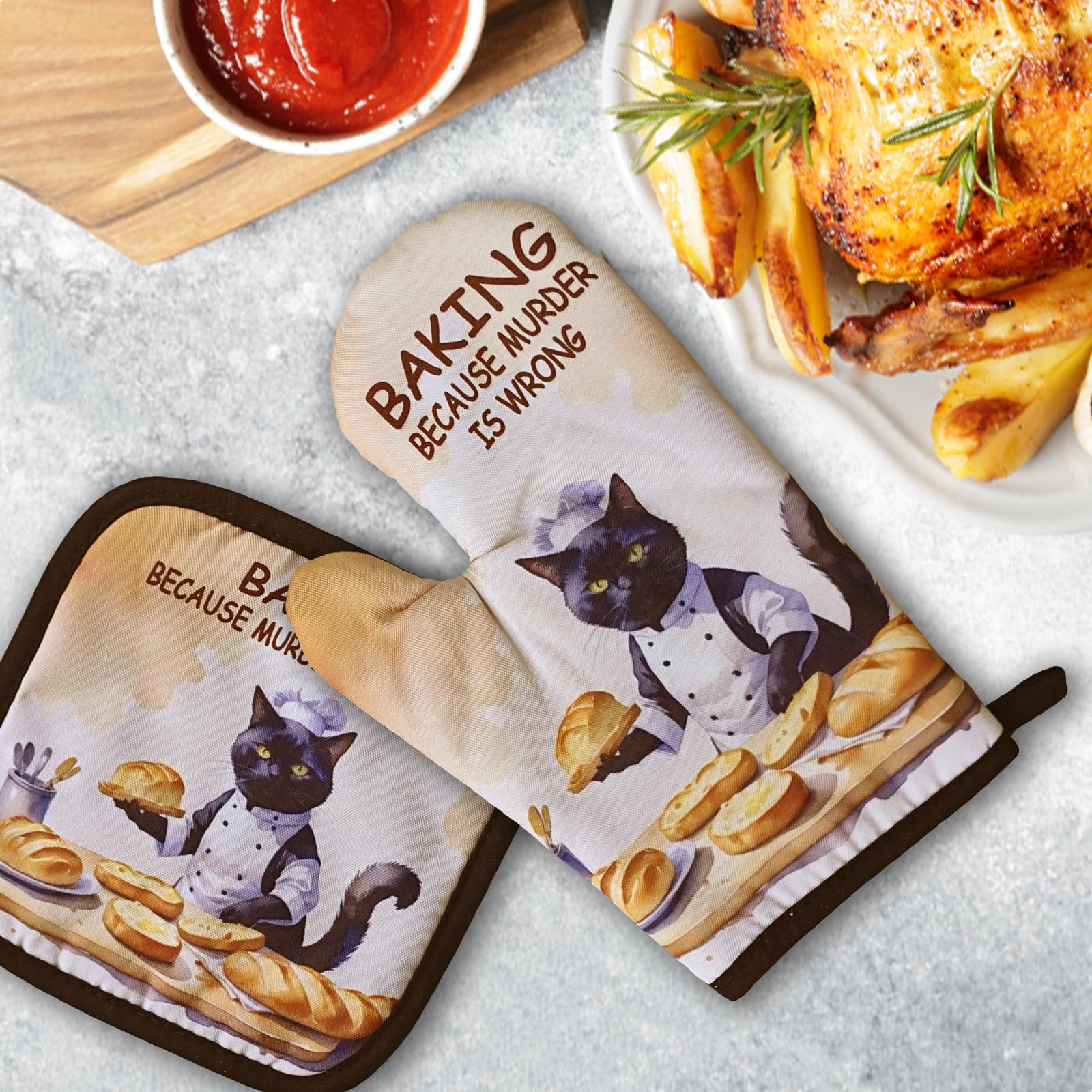 Divertenti guanti da forno a forma di gatto e presine (set di 2) guanti da forno con scritta "Baking Because Murder is Wrong" per la decorazione della cucina, guanti da forno in silicone