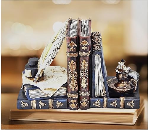 Bellaa 26324 Sujetalibros vintage, pluma de mago, pluma y botella de tinta con lámpara de aceite, estilo antiguo, casa de campo, cabaña, decoración