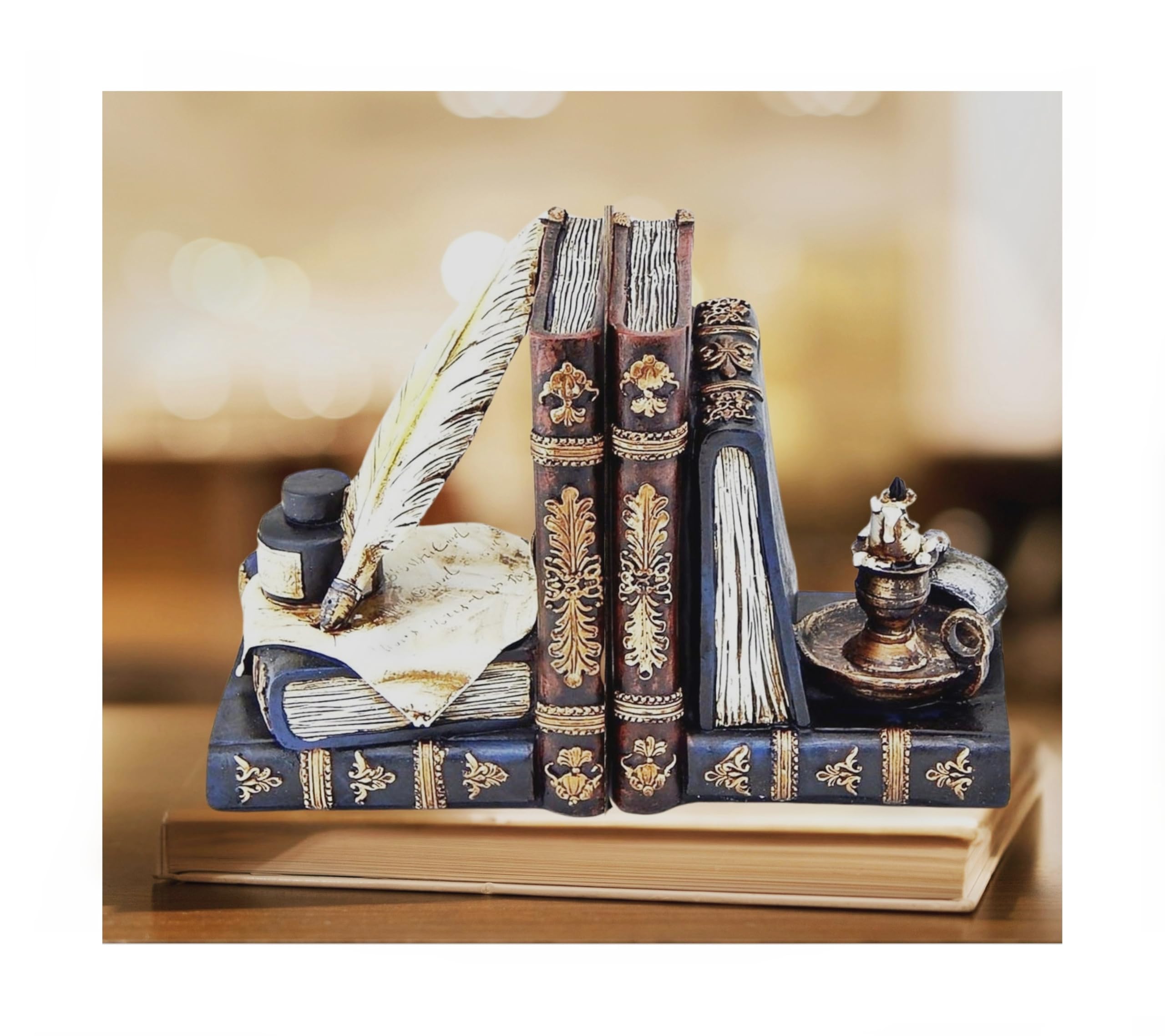 Bellaa 26324 Wizard Bookends Feather Quill Pen and Ink Bottle with Oil Lamp Antique Style