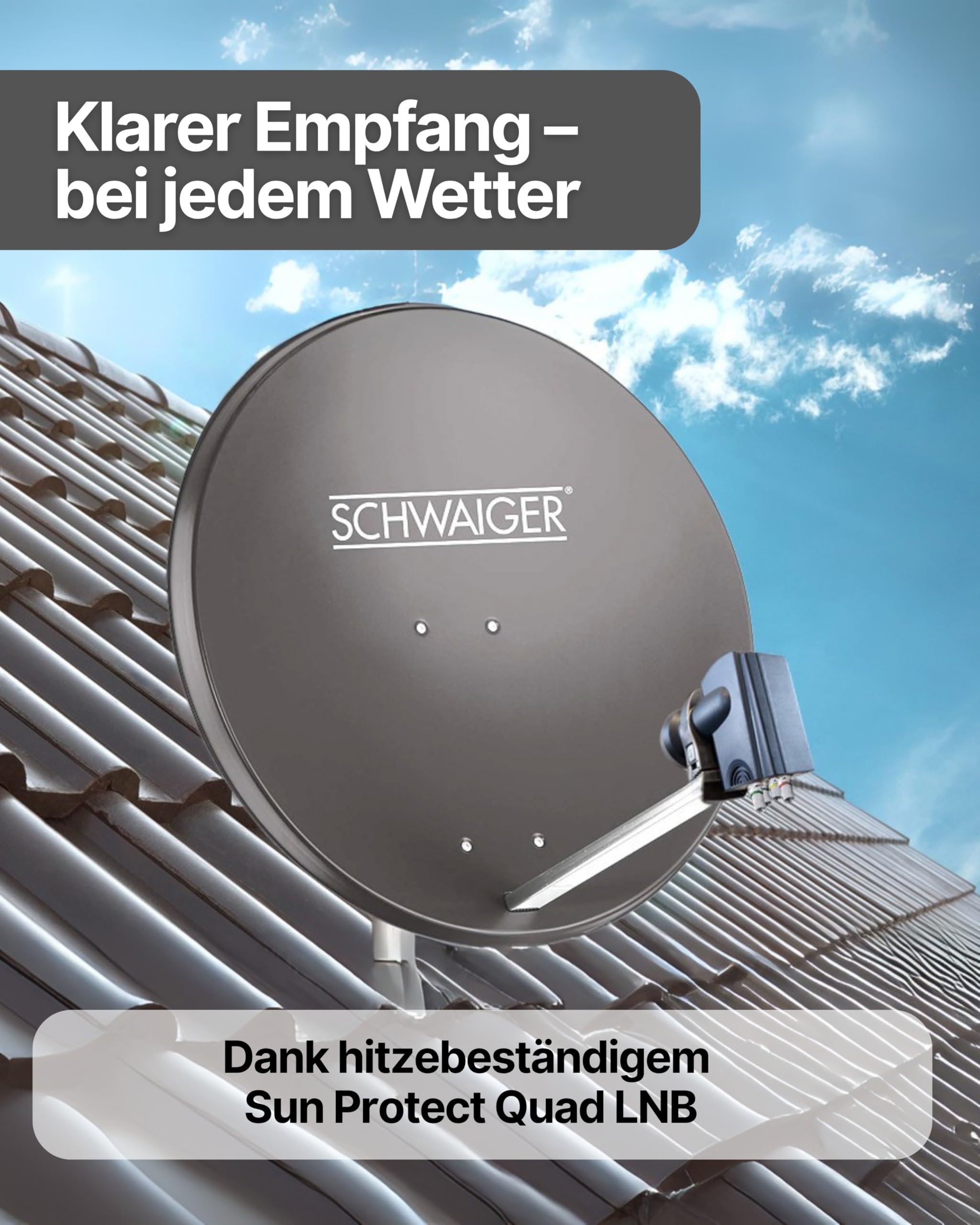 SCHWAIGER Satellitenschüssel Komplettset Ø 88 cm Aluminium Offset Antenne Anthrazit Quad LNB 4-Fach Digital HD 4K Empfang wetterfest