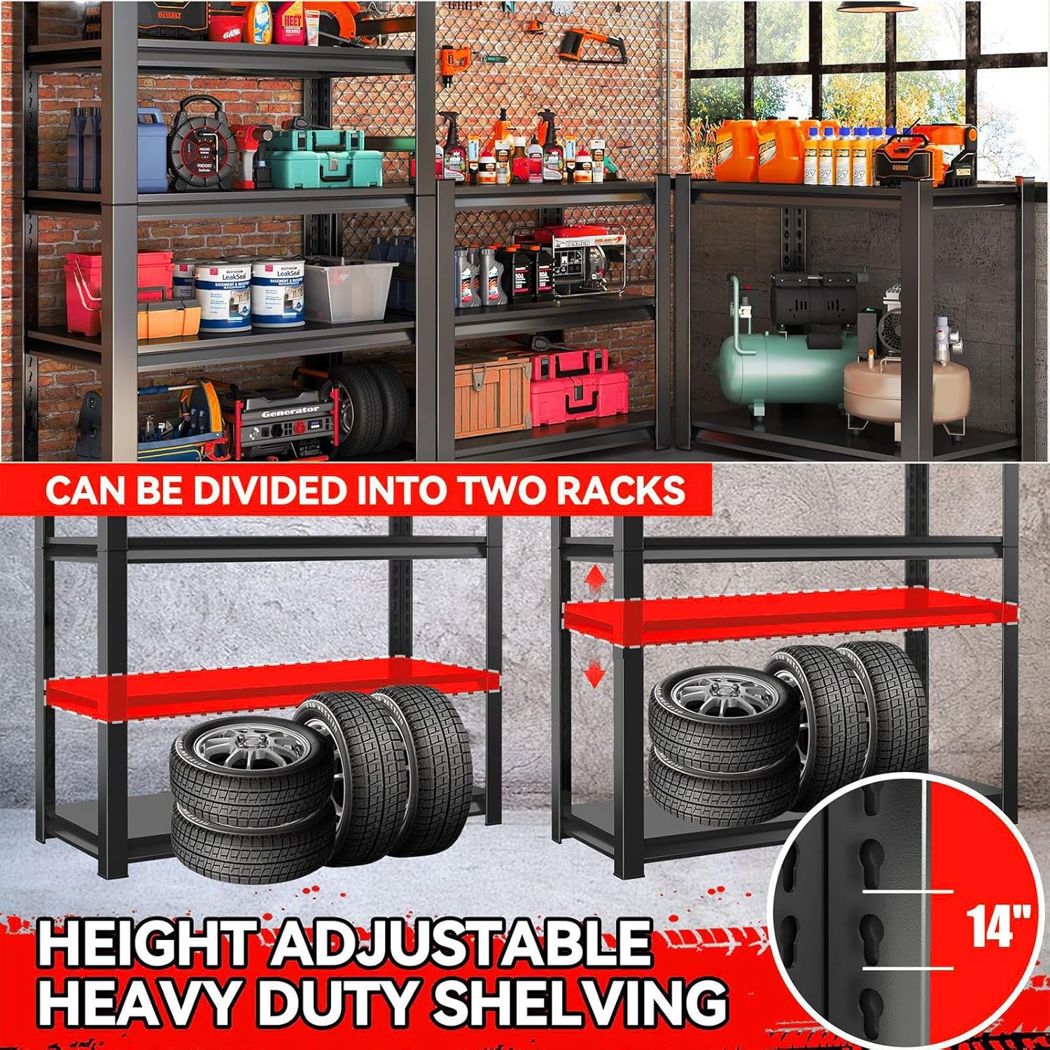 71"H Metal Storage Shelves, 3000lbs Heavy Duty Garage Storage Shelves, Adjustable Garage Shelving Unit, 5 Tier Industrial Utility Rack Upgraded Double-Layer Column for Warehouse,Basement, 40"W×16"D