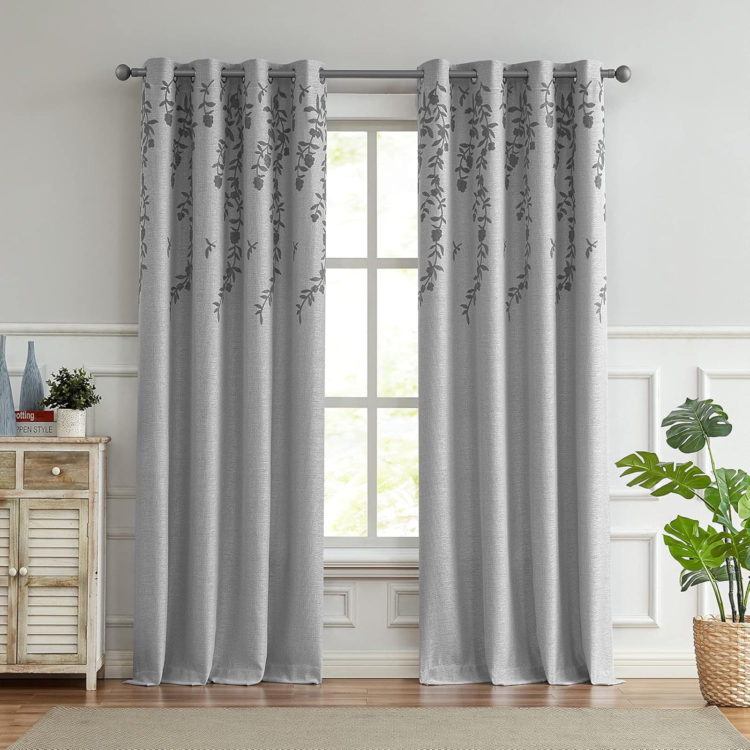 Melodieux Flower Embroidery Linen Room Darkening Curtains for Living Room Bedroom Grommet Window Drape, Grey Flower, 52 by 96 Inch (1 Panel) White Curtain W52 x L96
