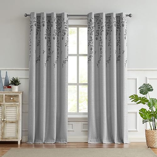 Miniatura 1 de Melodieux Cortinas de lino con bordado de flores para oscurecer la habitación de la sala de estar, dormitorio, con ojales, flor gris, 52 x 96