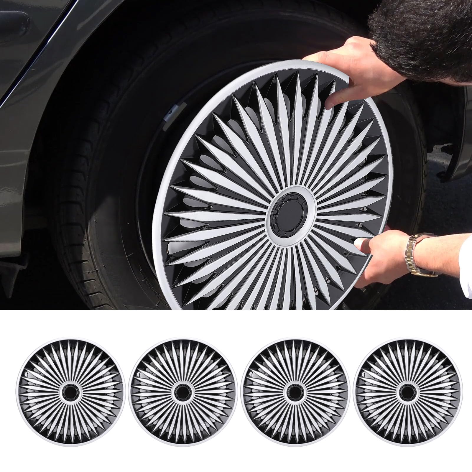 Fockety Coprimozzo da 17 Pollici, Set di 4 Copricerchi Universali a Scatto, Copricerchioni di Ricambio in Plastico ABS Resistente per la Maggior Parte delle Auto, Camion, SUV (Argento Nero)