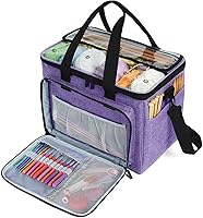 Teamoy Purple Knitting Yarn Bag Tote Organizer with 7 Compartments, Grommets & Clear PVC Top for Crochet Hooks, Needles up to 14"