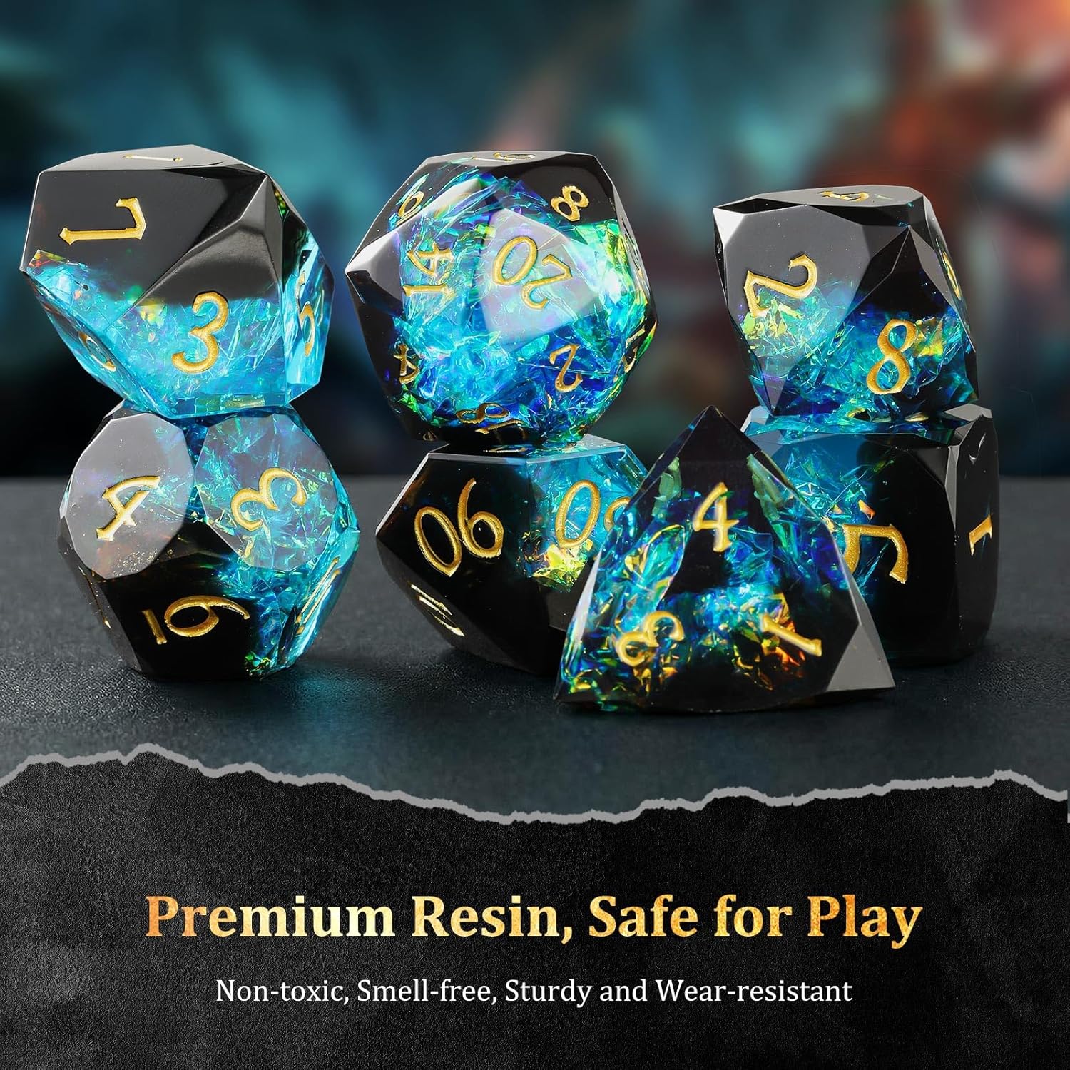 MoKo Resin DND Dice Set, 7PCS Sharp Edge Polyhedral D&D Dice with Gift Box Storage Bag for Dungeons and Dragons RPG Tabletop Games, Gold Numbers DND Gifts D20 D12 D10 D8 D6 D4 D%, Dark Green+Blue