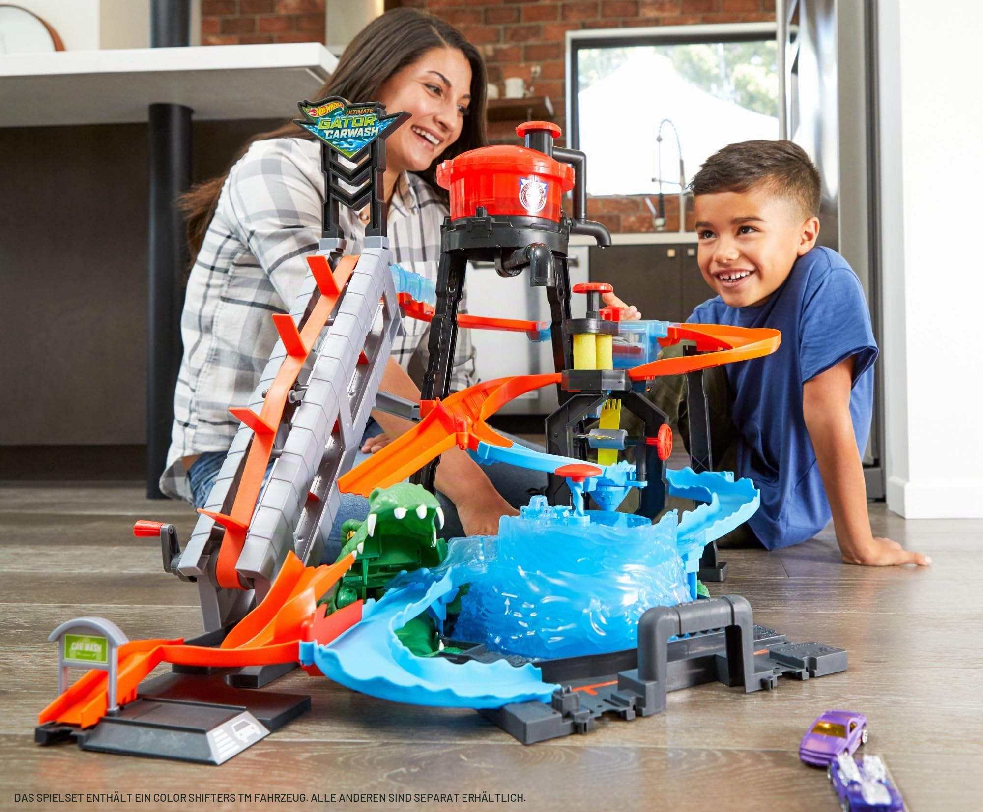 Hot Wheels Autorennbahn mit Krokodil und Autowaschanlage, mit Farbwechseleffekt, inkl. 1 Spielzeugauto, Auto Spielzeug, Spielzeug ab 5 Jahre, FTB6