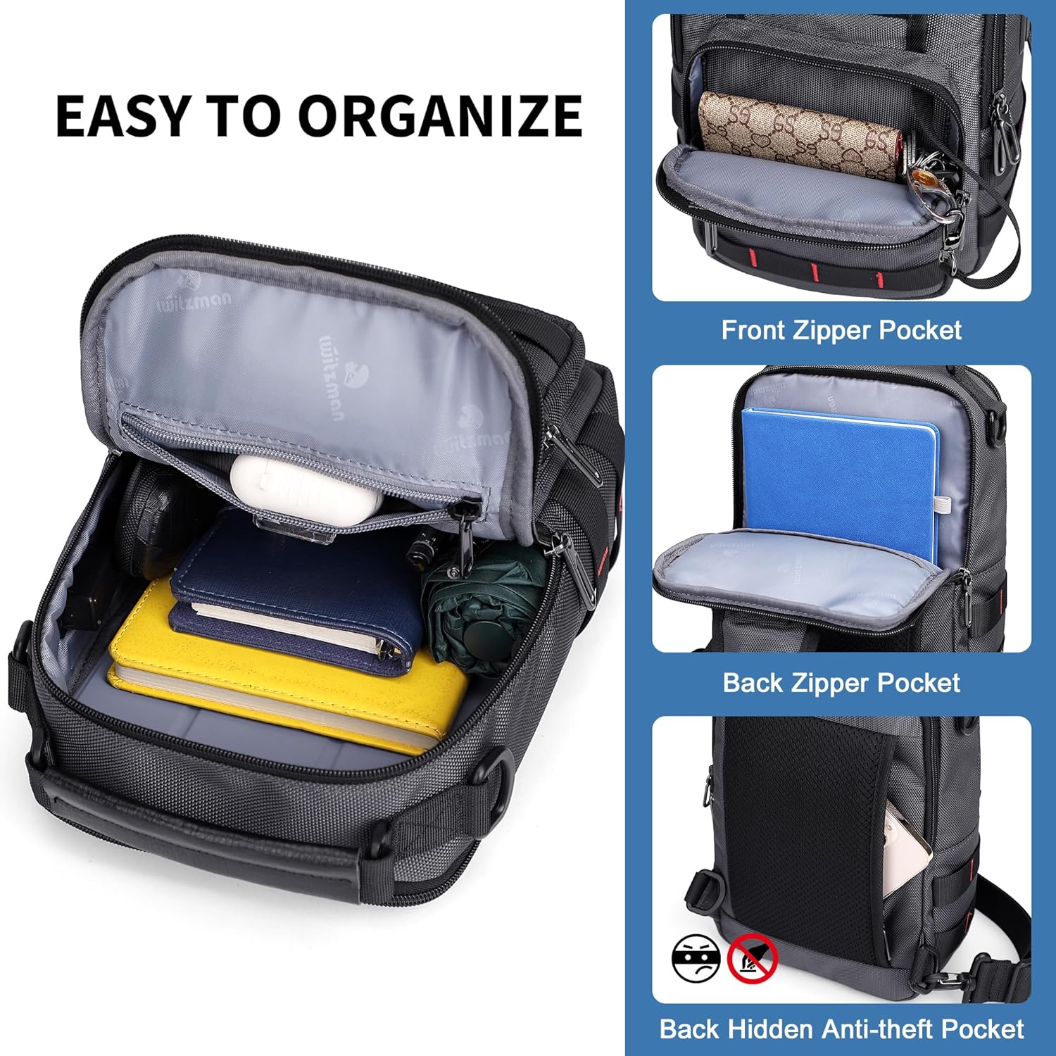 WITZMAN Sling Bag for Men Travel Crossbody Sling Bags with USB Charging Port Casual Daily Work Shoulder Chest Bag(B730 Silvery Grey) - Image 4