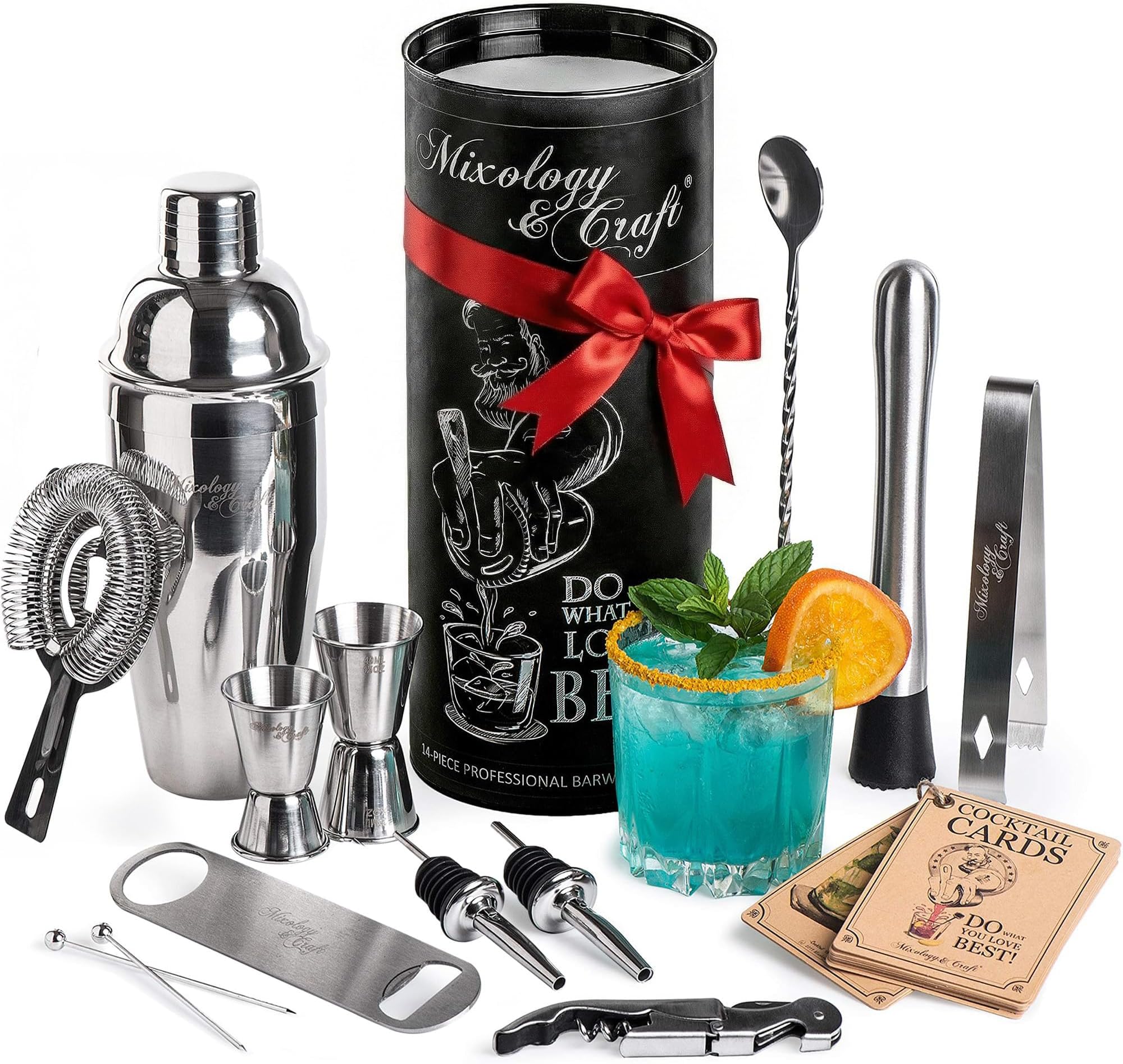 Mixology & Craft 16-Piece Stainless Steel Cocktail Shaker Set, 24 oz Cobbler Martini Shaker, Mixology Bartender Kit with Strainer, Travel Cocktail Kit in Gift-Ready Tube, Bartending Bar Kit Tools