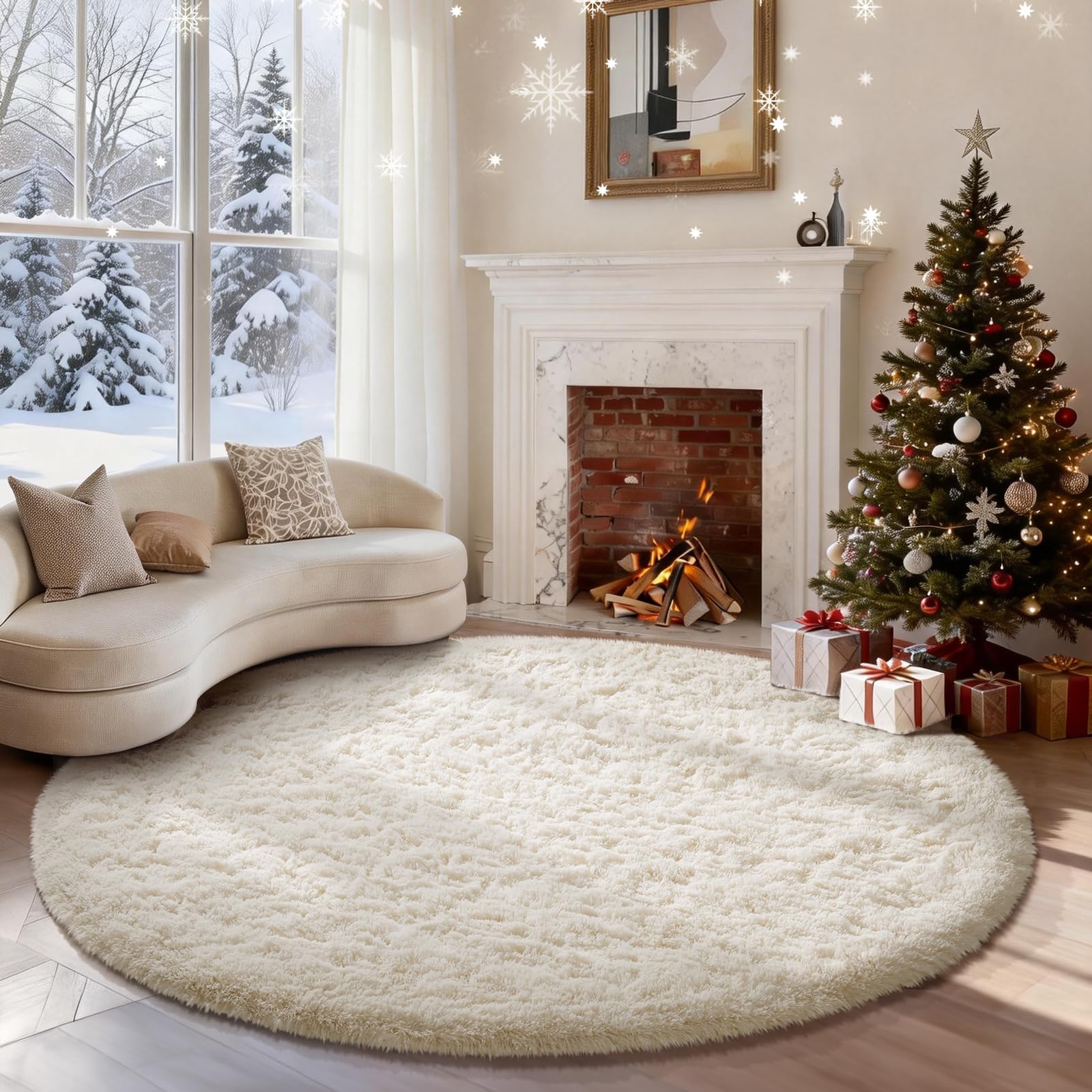 Round Fluffy Shag Area Rug, 6 Feet Diameter, Ivory