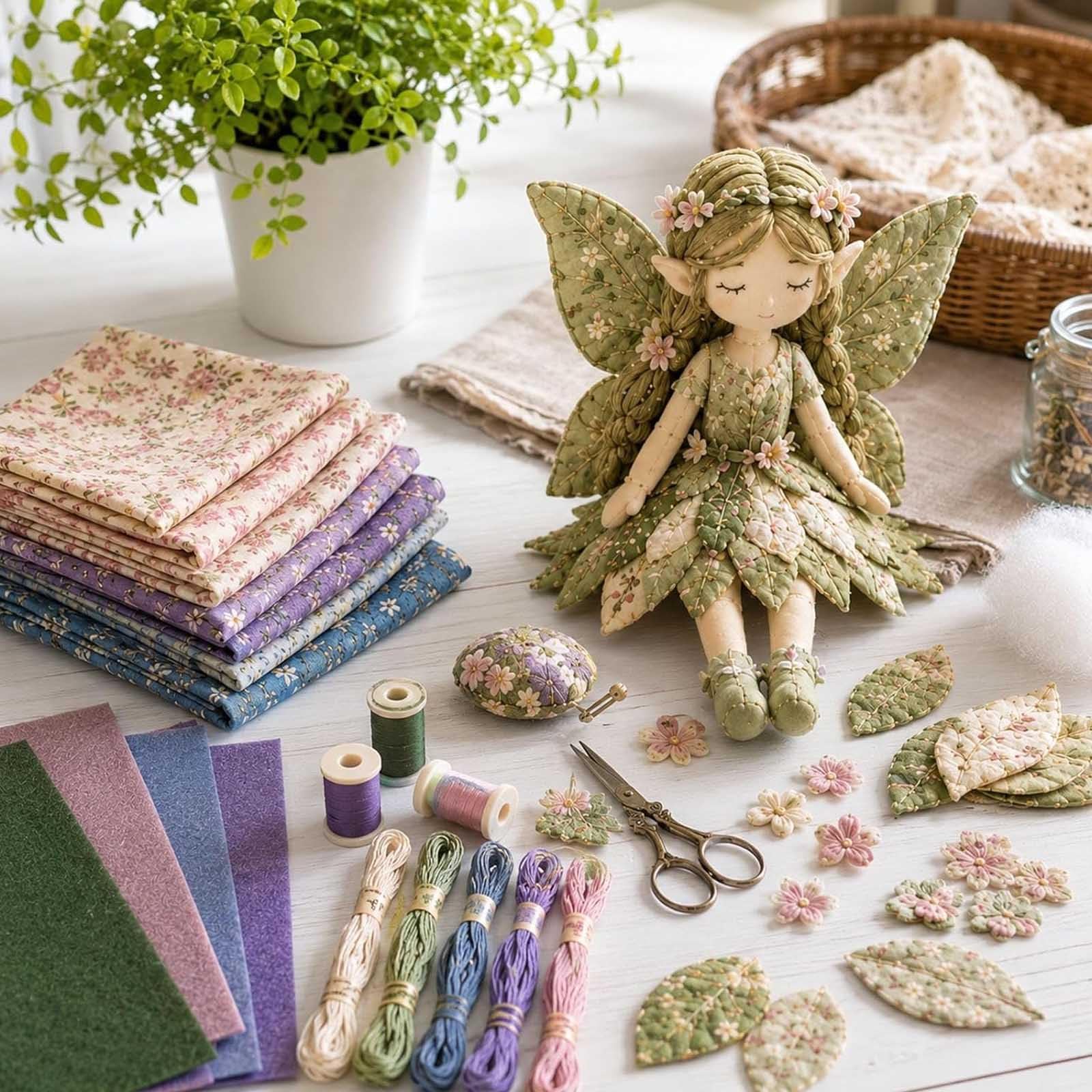 Collection de bricolage fée patchwork, kit de couture de fée des fleurs for fabriquer 4 poupées en tissu ailées, comprend du tissu prédécoupé et des accessoires, adapté aux débutants(G