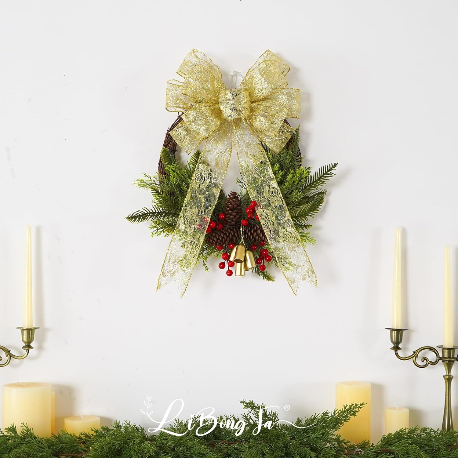 13" x 20'' Gold Lace Bows Wired Edge Valentine Tree Topper Bow, Glitter Bow Party Decorations, Premade Metallic Bows with Twist Tie, Large Gift Bow for Outdoor Wreath, Wedding-2 PCs - Image 6