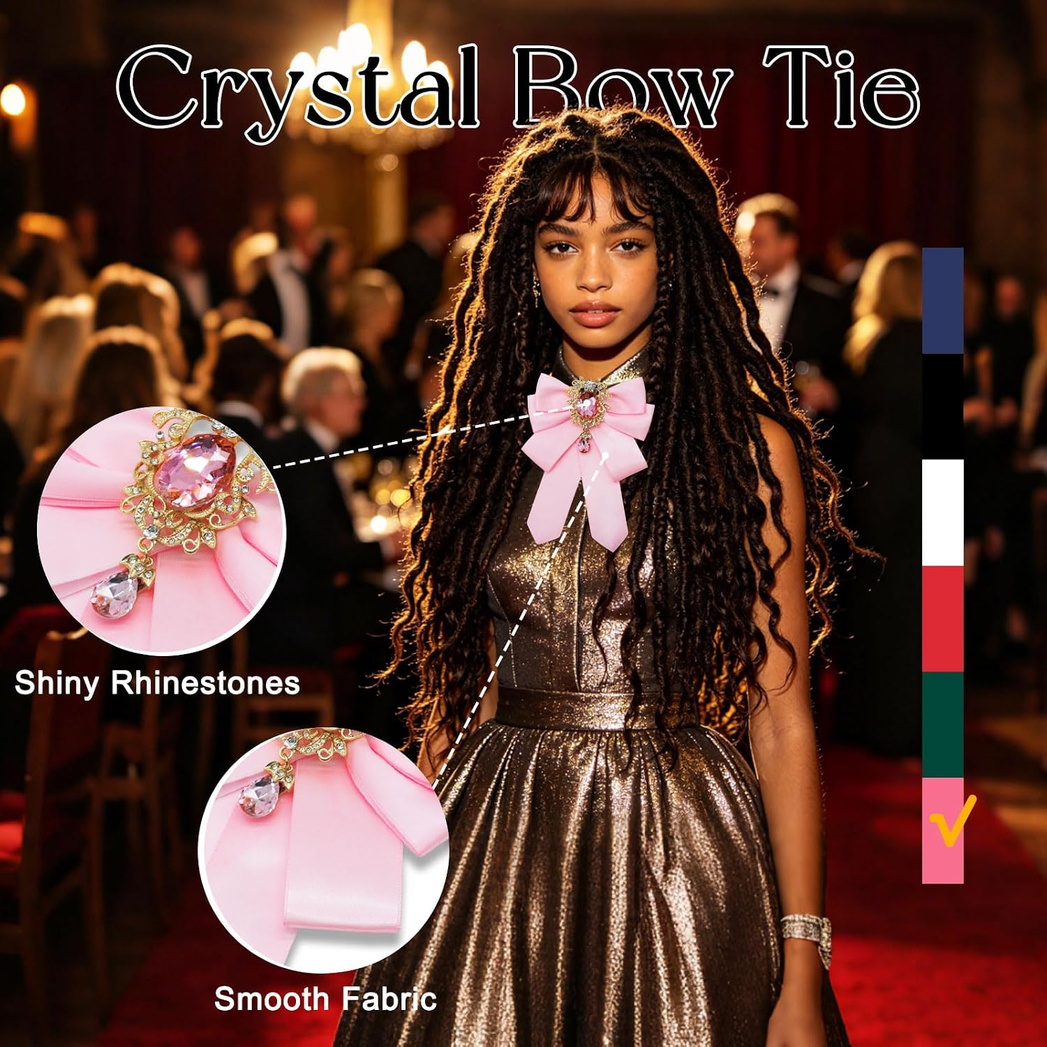 Bow Tie for Women Men, Adjustable Womens Bowtie with Rhinestone Ribbon Bow Ties for Wedding Party Daily Shirts Suits