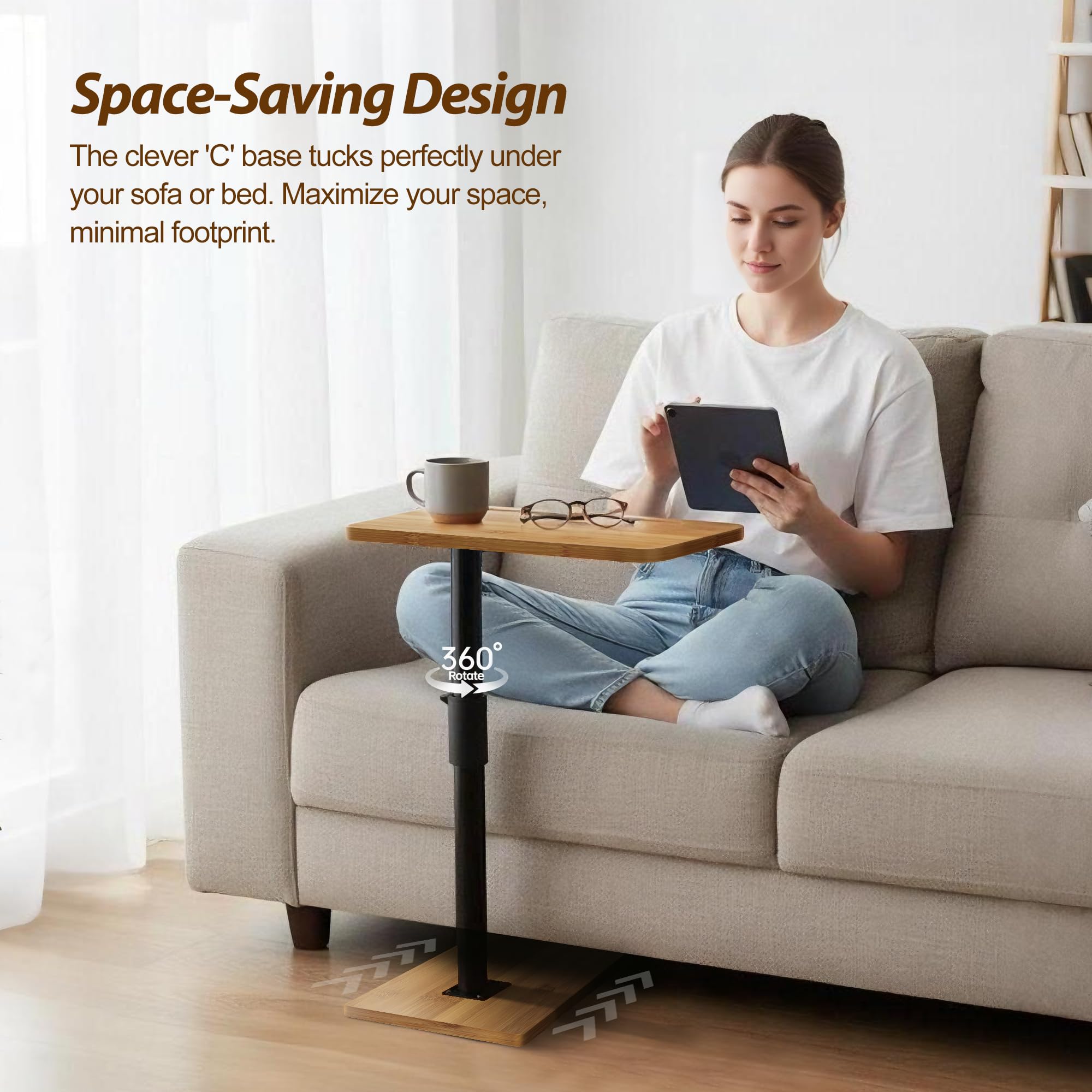 C-Förmiger Beistelltisch, Höhenverstellbar Couchtisch, 360° Drehbarer Wohnzimmer Tisch, Holz Tischplatte Mit Metallgestell, Sofa Klein Esstisch, Mini Kaffeetisch, Küchentisch, Couch Tablett-Tisch