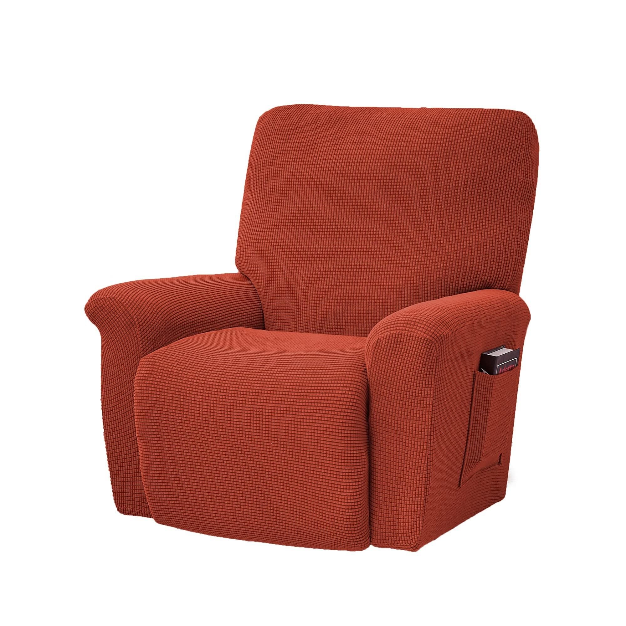 BEIWOSHA Stretch Recliner Chair Covers, 4-Piece Soft Sofa Cover Thick Single Seat Couch Cover Jacquard Recliner Slipcover with Pocket(Redbrown)