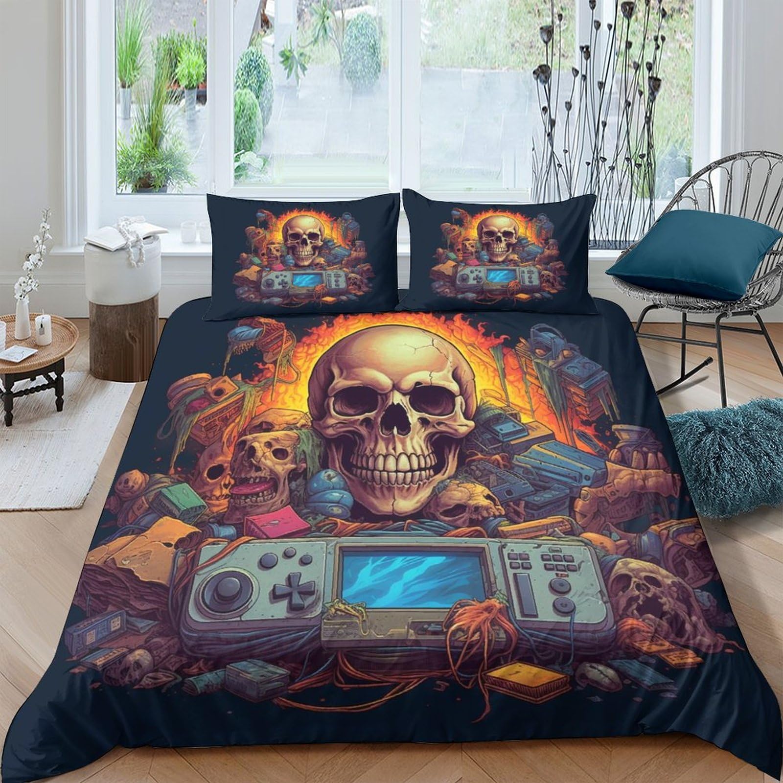 HOTGE Skeleton 3D Printed Duvet Cover with Pillowcases Bedding Set with Zipper Gamepad Soft Microfiber Quilt Cover Set For Adults And Children Double（200x200cm）