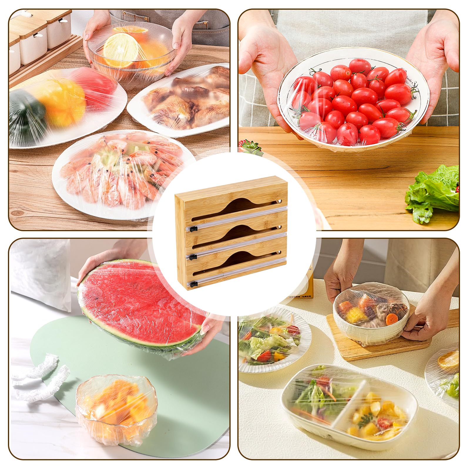 3 en 1 Coupe Film Distributeur de Film Alimentaire, Distributeur Film Alimentaire et Papier Aluminium, Rangement Papier Alu Film Alimentaire pour Organisateur d'emballage de Cuisine en Bambou