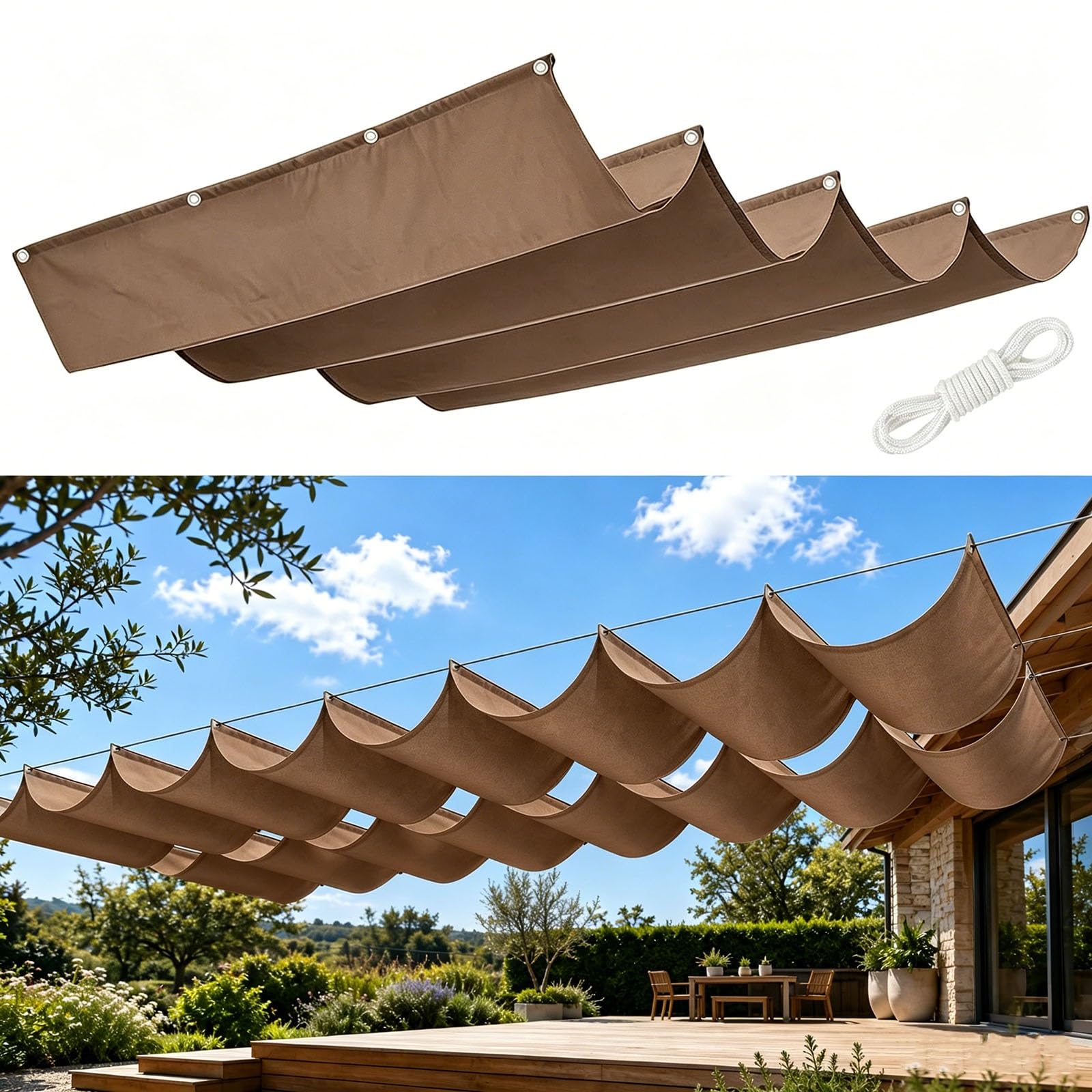 Voile d'ombrage rétractable vague 1.9x2.5m marron imperméable pour terrasse