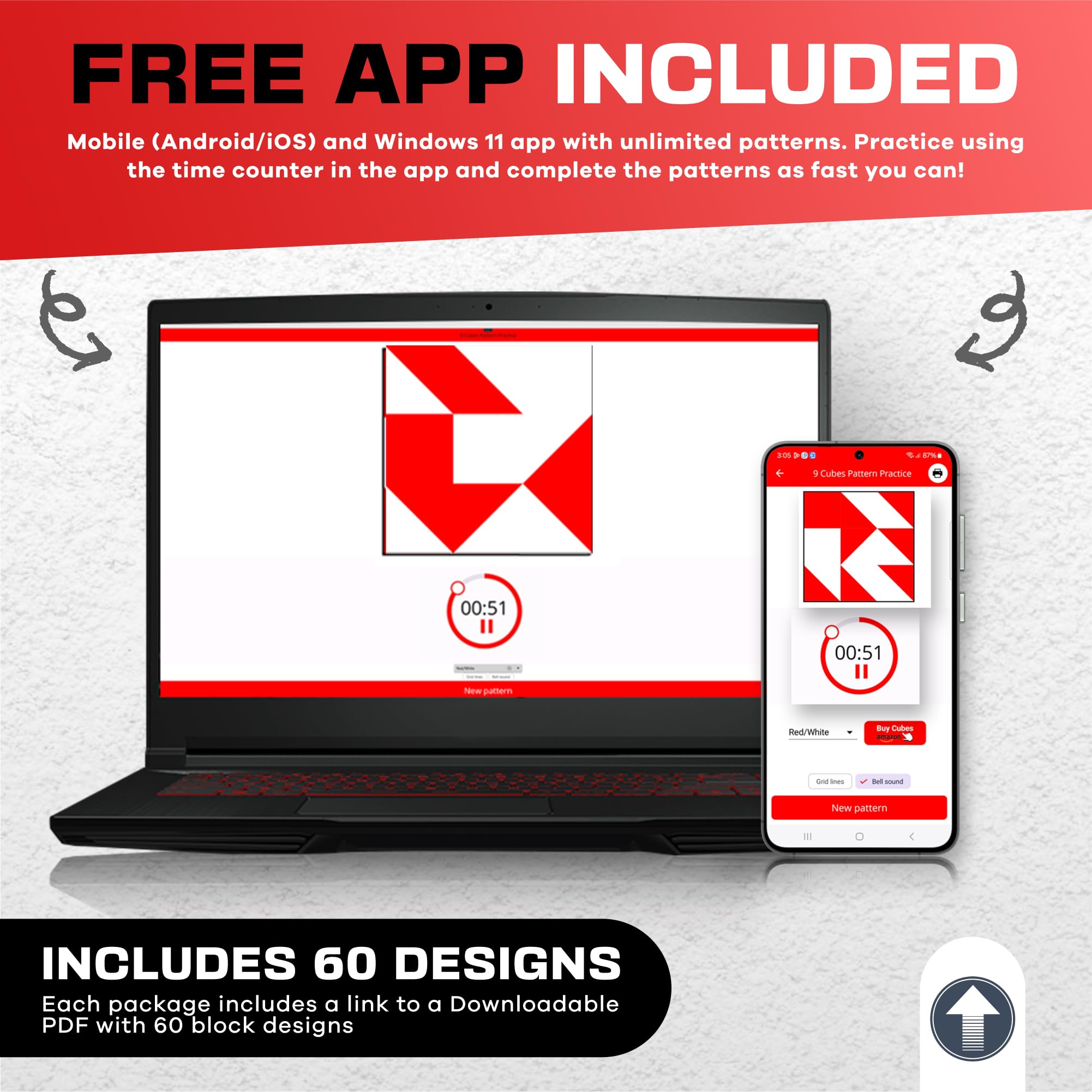 PrfcNL Blocchi di prova IQ PrfcNL - 9 cubi in legno bianco e rosso con 60 modelli e app mobile, ideali per WISC, WAIS, prep WPPSI, giocattolo regalo Montessori educativo STEM Montessori per tutte le e