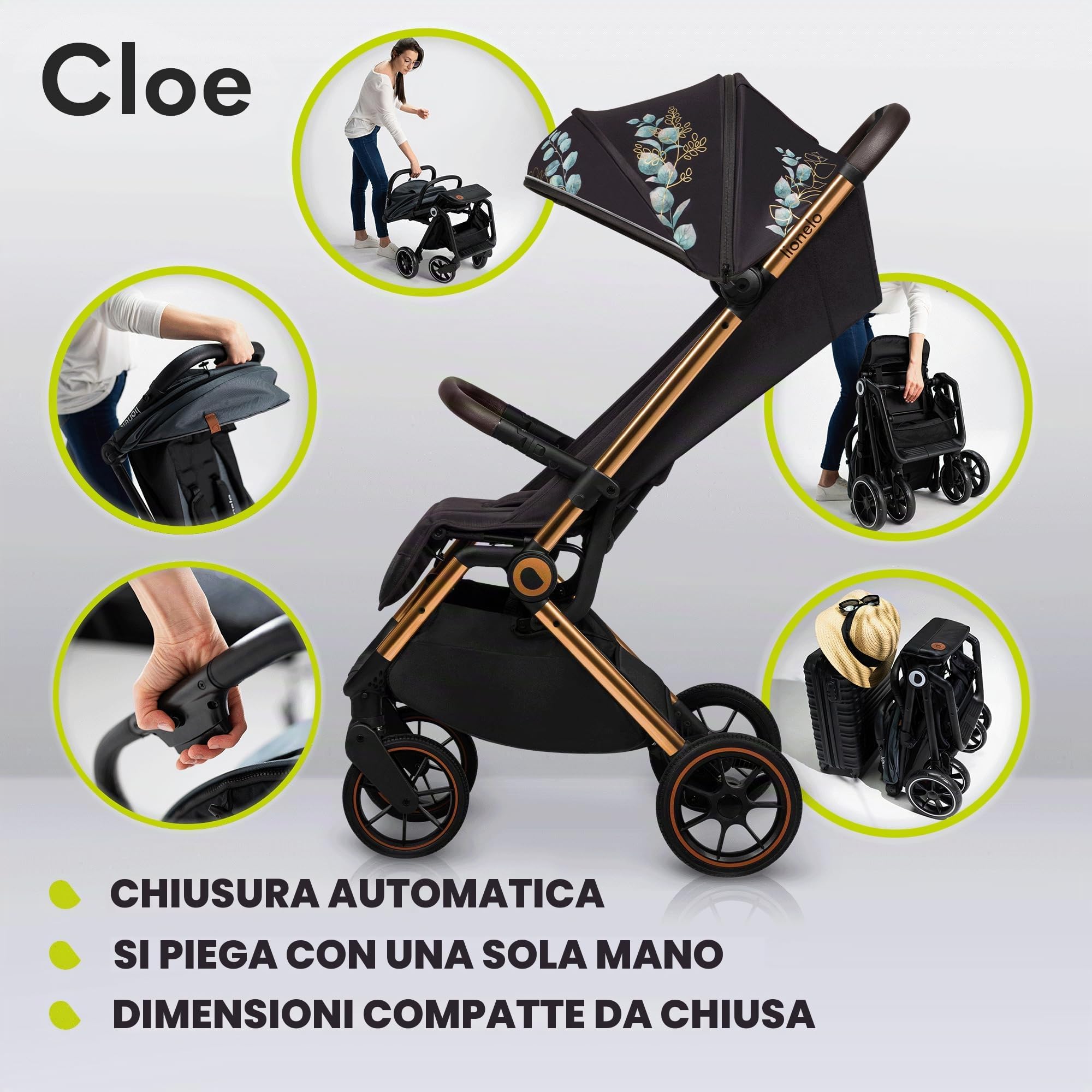 LIONELO Cloe Passeggino leggero e pieghevole per bambini da 0 fino a 22kg Schienale regolabile Posizione nanna Impermeabile, Cinture a 5 punti, Ruote XXL, Zanzariera, Portabicchieri (Momenti d'oro)