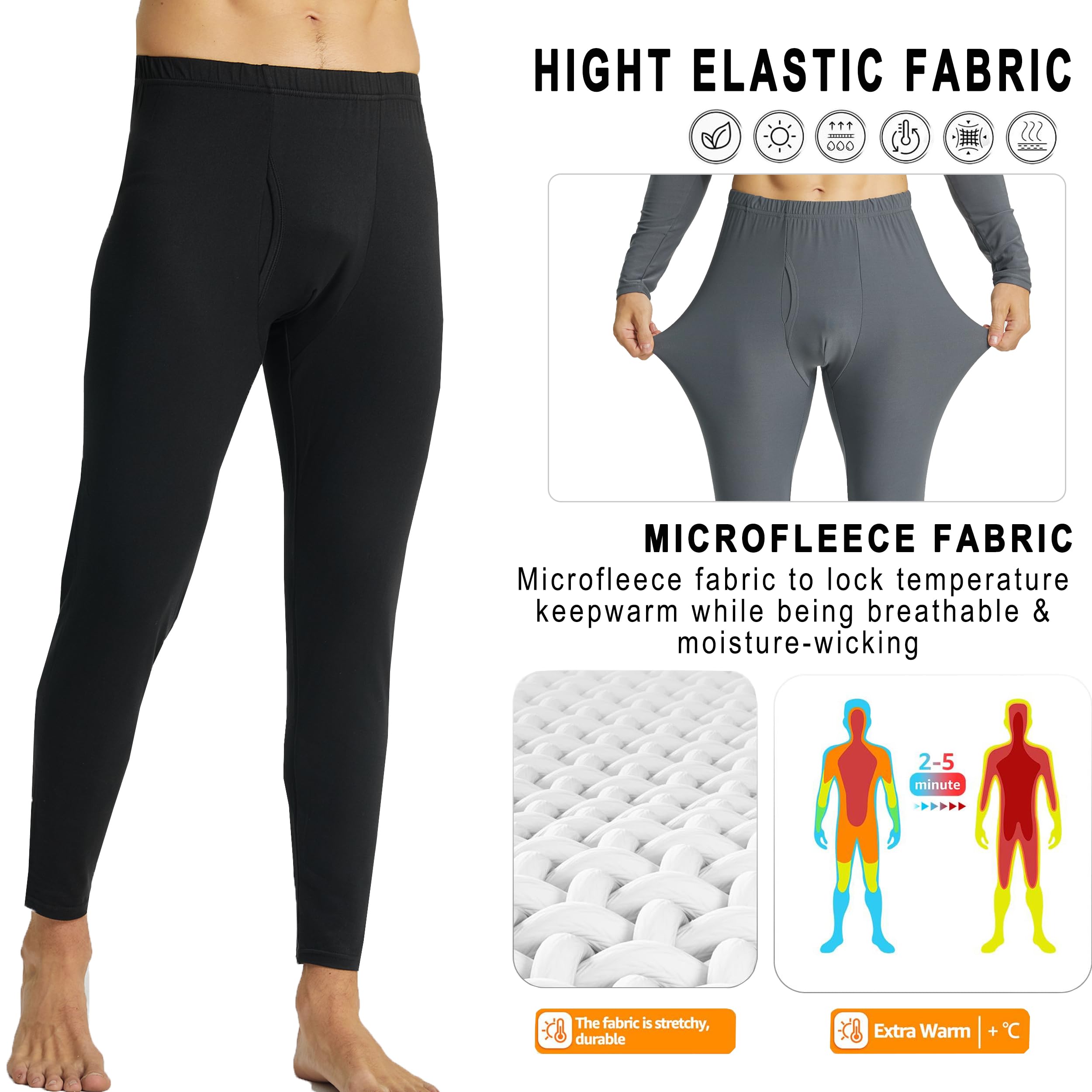 Lot de 2 Caleçons Thermiques Homme Hiver sous-vêtements Chauffants Polaire Ultra Doux Collants Longs pour Ski Sport Vie Quotidienne Leggings pour la Maison