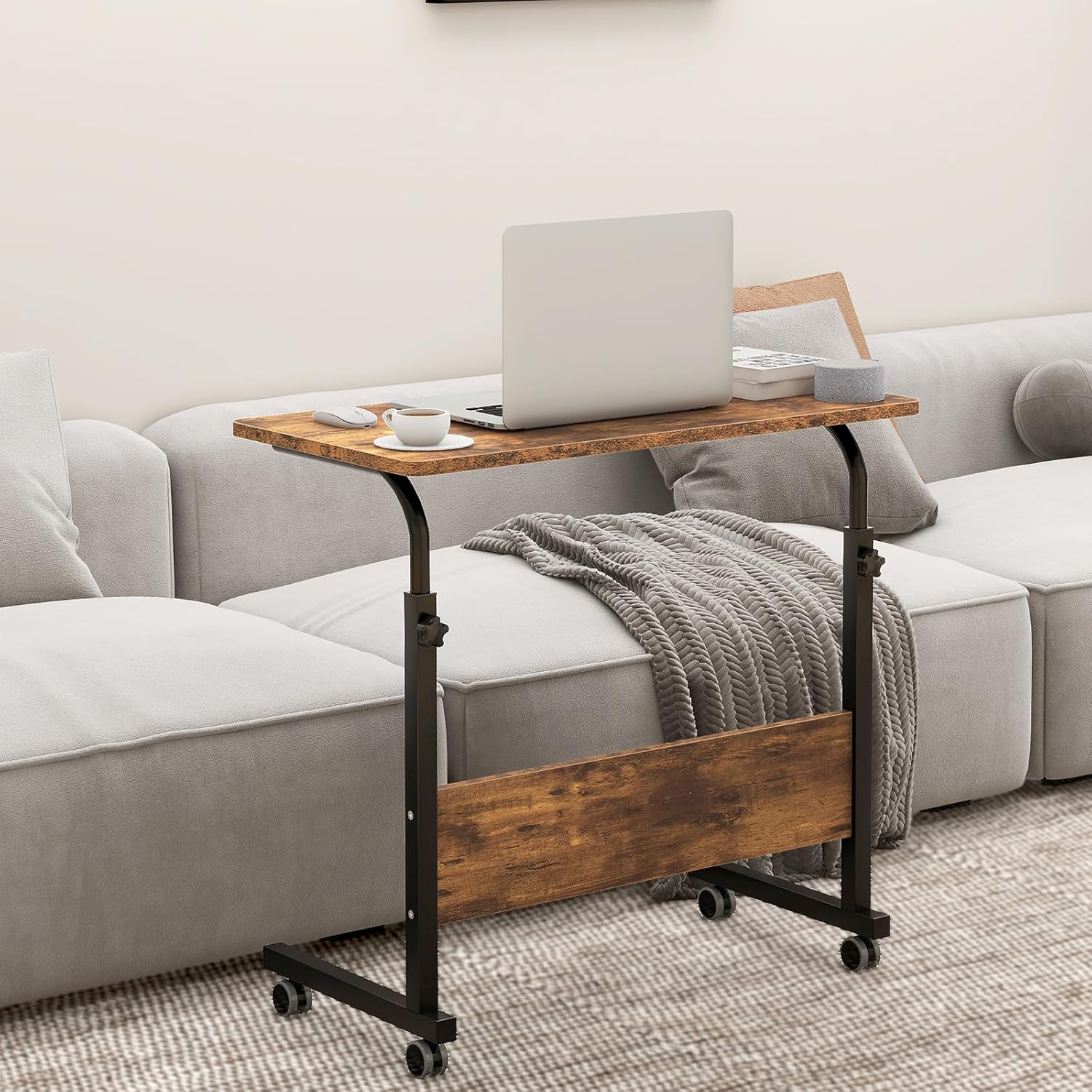 sogesfurniture Office Desk, Computer Table Cart, 31.5 inch Removable Laptop Table Cart, Height Adjustable Side Desk Workstation, Sofa Side Table with Wheels, Rustic Brown
