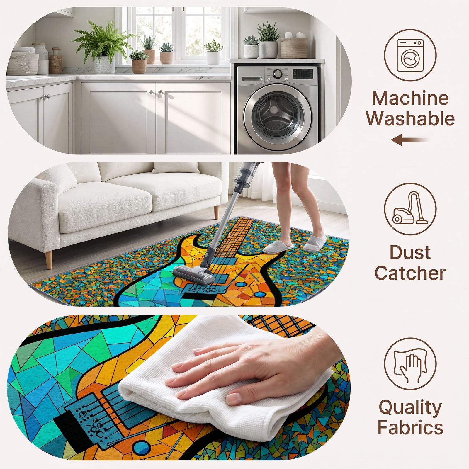 Tapis de Salon Lavable 180 x 240 cm Guitare Électrique Vitrail, Tapis Antidérapant à Poils Ras Géométrique pour Cuisine Bureau Salle à Manger - Moquette Décoration Intérieure Chambre d'enfant