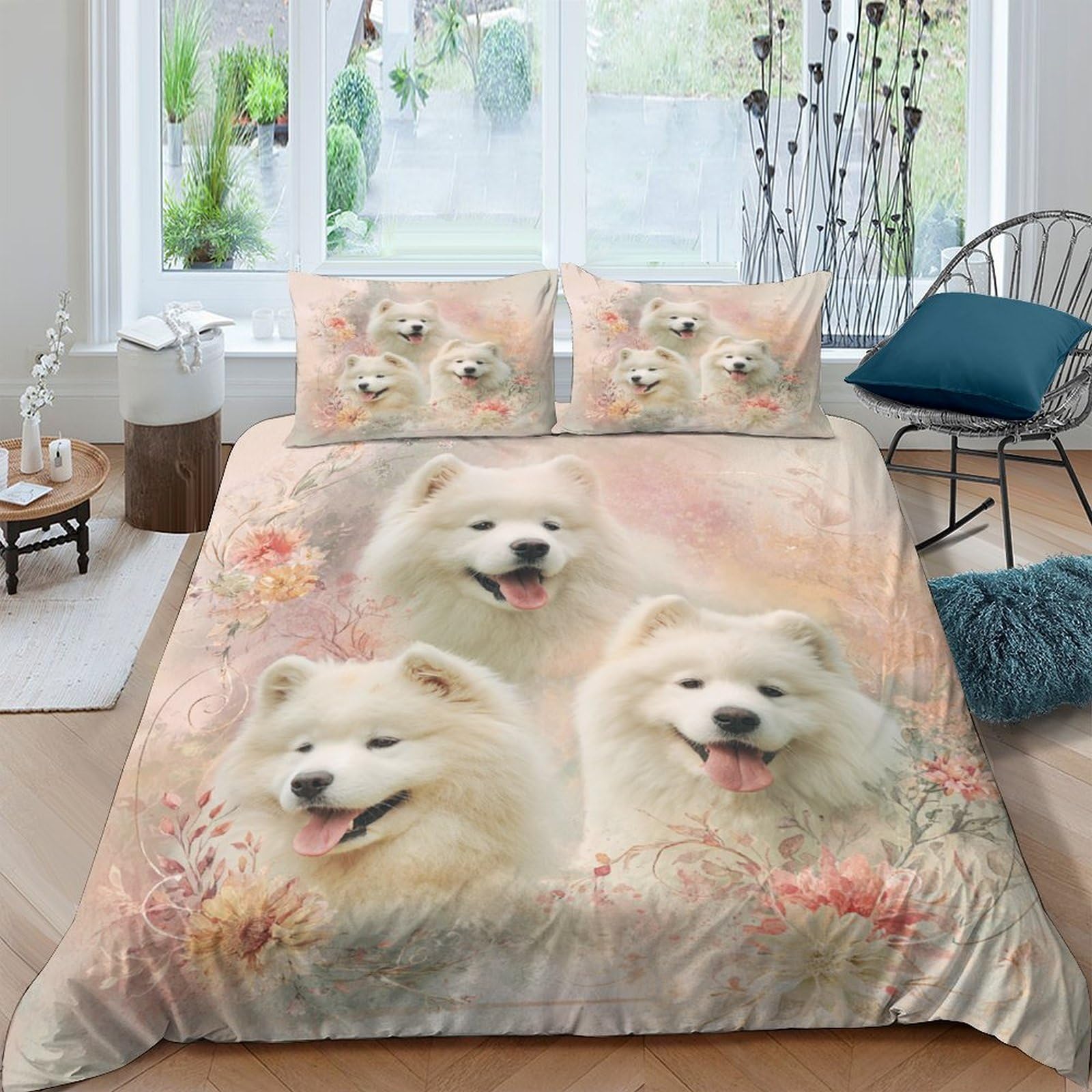 Ctjqhvkz Style-4 3D Printed White Samoyed Dog Fitted Sheet Microfiber Soft Breathable Pastel Floral Mattress Cover For Bedroom Dorm Decor Single（135X200cm）