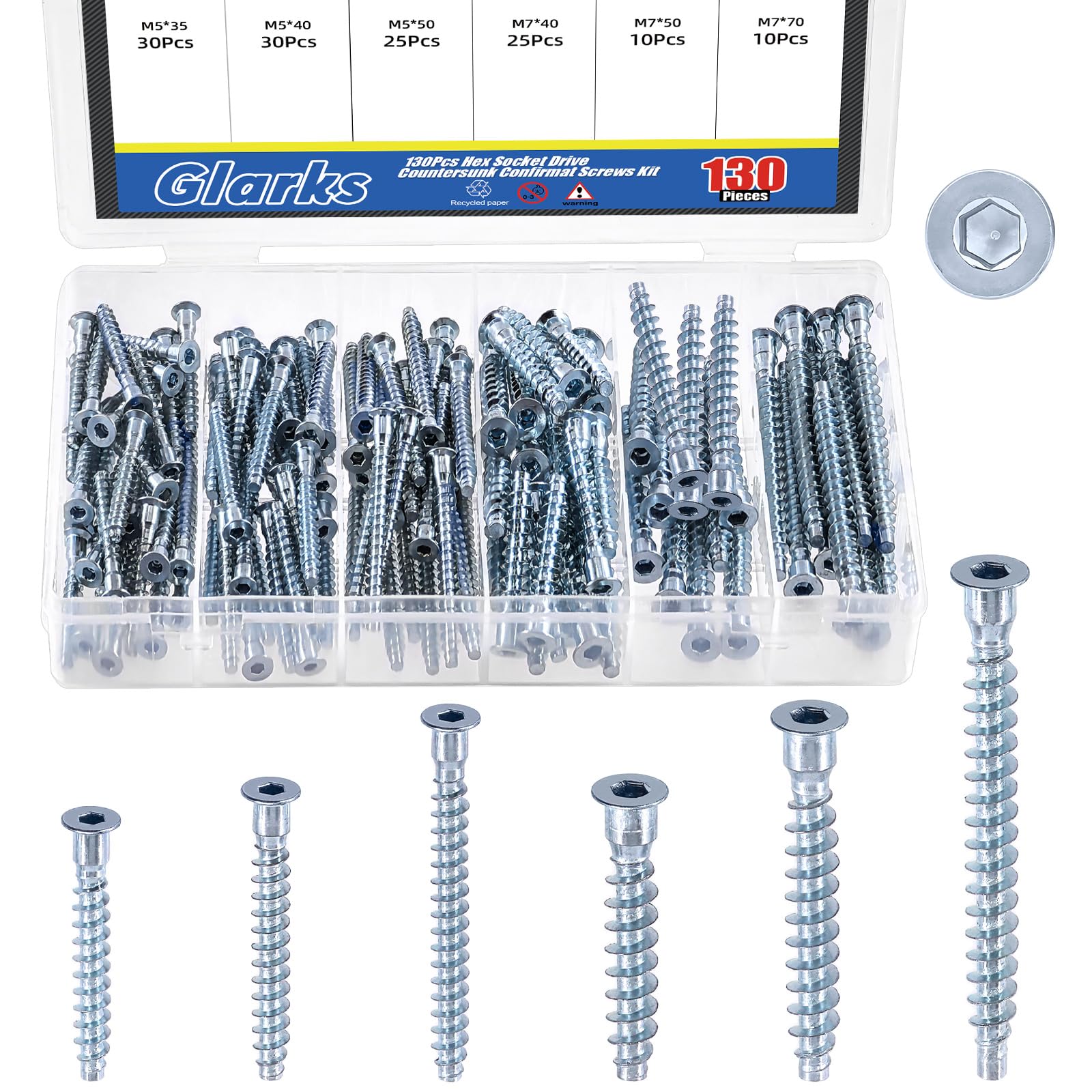 Glarks 130pcs M5 x 35/40/50mm M7 x 40/50/70mm Zinc Plated Confirmat Screws Kit, Carbon Steel Hex Socket Drive Self-Tapping Screw, Hex Socket Furniture Screws for Cabinet, Chairs, Furniture Connecting
