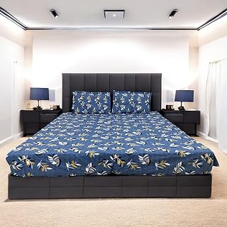 GreenElephant Cotton Blend Floral Print Double Bed Bedsheet with Rhino Background, 90 x 100 Inches, 210 Thread Count Flat Sheet, Includes 2 Pillow Covers