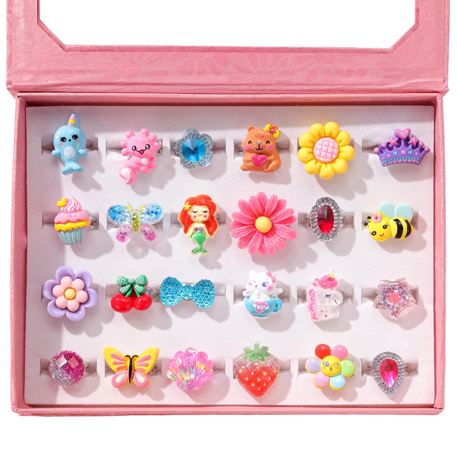 PinkSheep Little Girl Jewel Rings in Box, Adjustable, No Duplication, Girl Pretend Play and Dress Up Rings (24 Lovely Ring B)