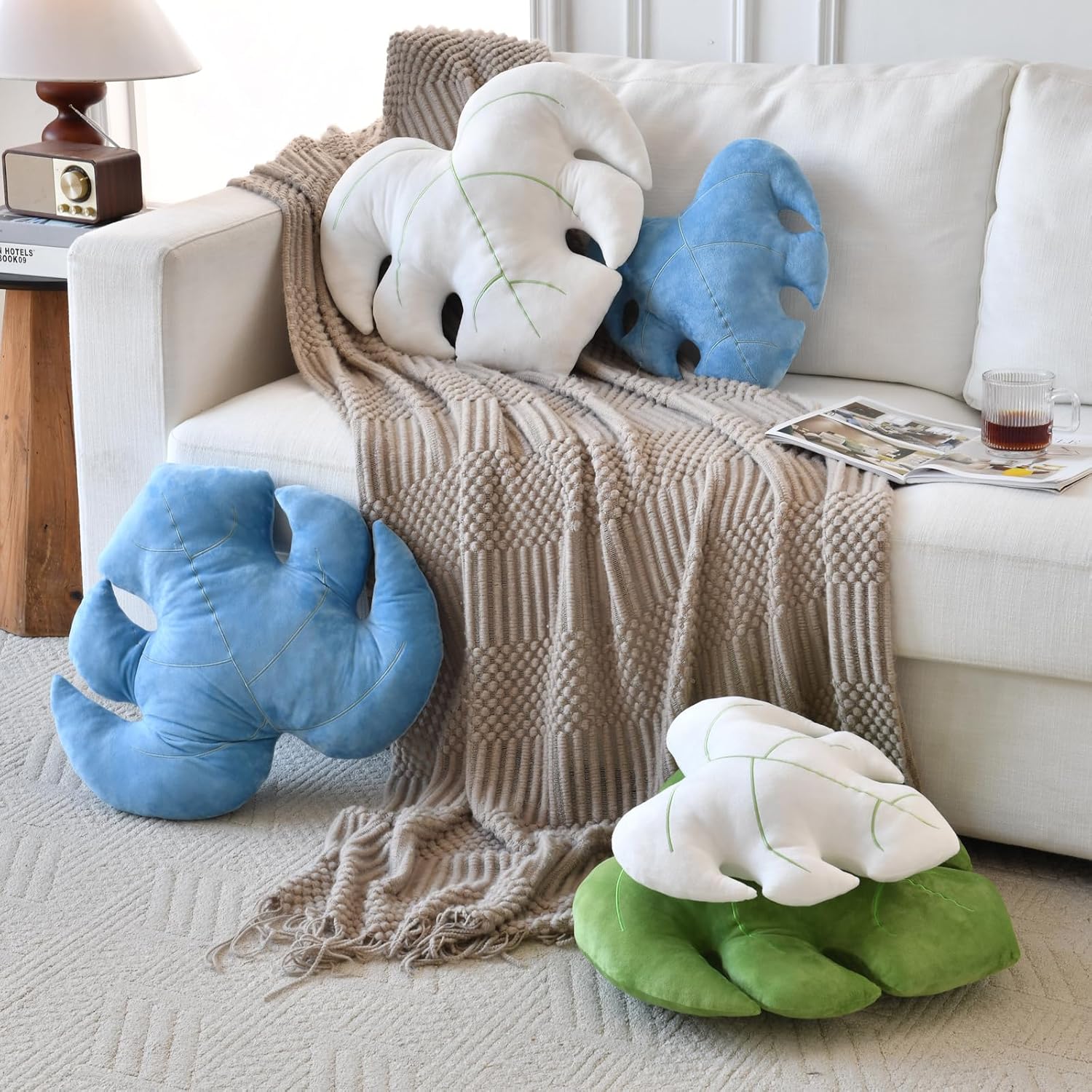 Leaf Pillow, Cute Decorative Throw Plant Pillow Aesthetic Decor Nature Pillow for Bed Couch, Leaves Shaped Pillow Perfect for Bedroom Living Room (Grey Blue, 19.6 Inches)