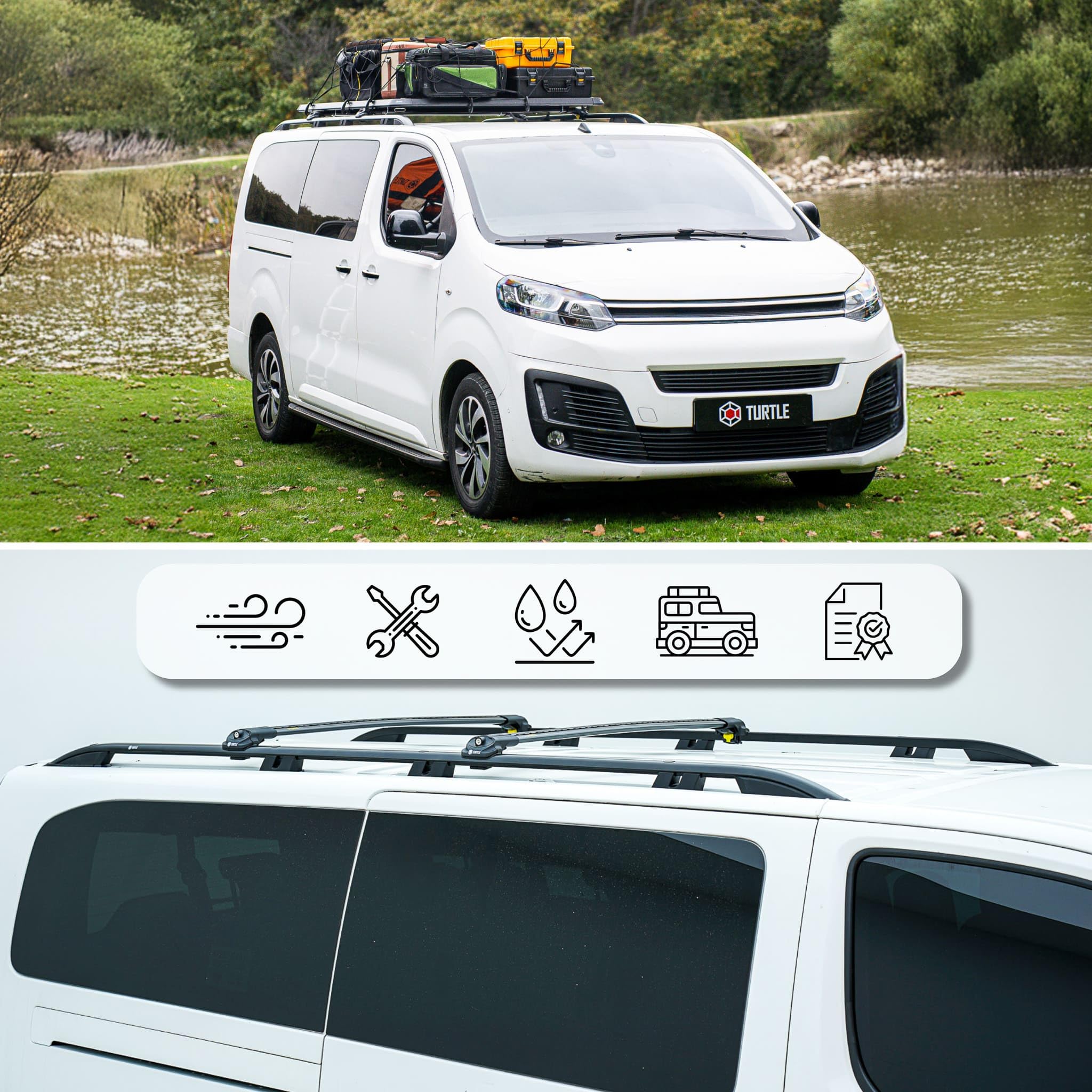 TURTLE Compatible con Volkswagen Caddy 20202024 / Barras de Techo Crown de versión Larga | Negro