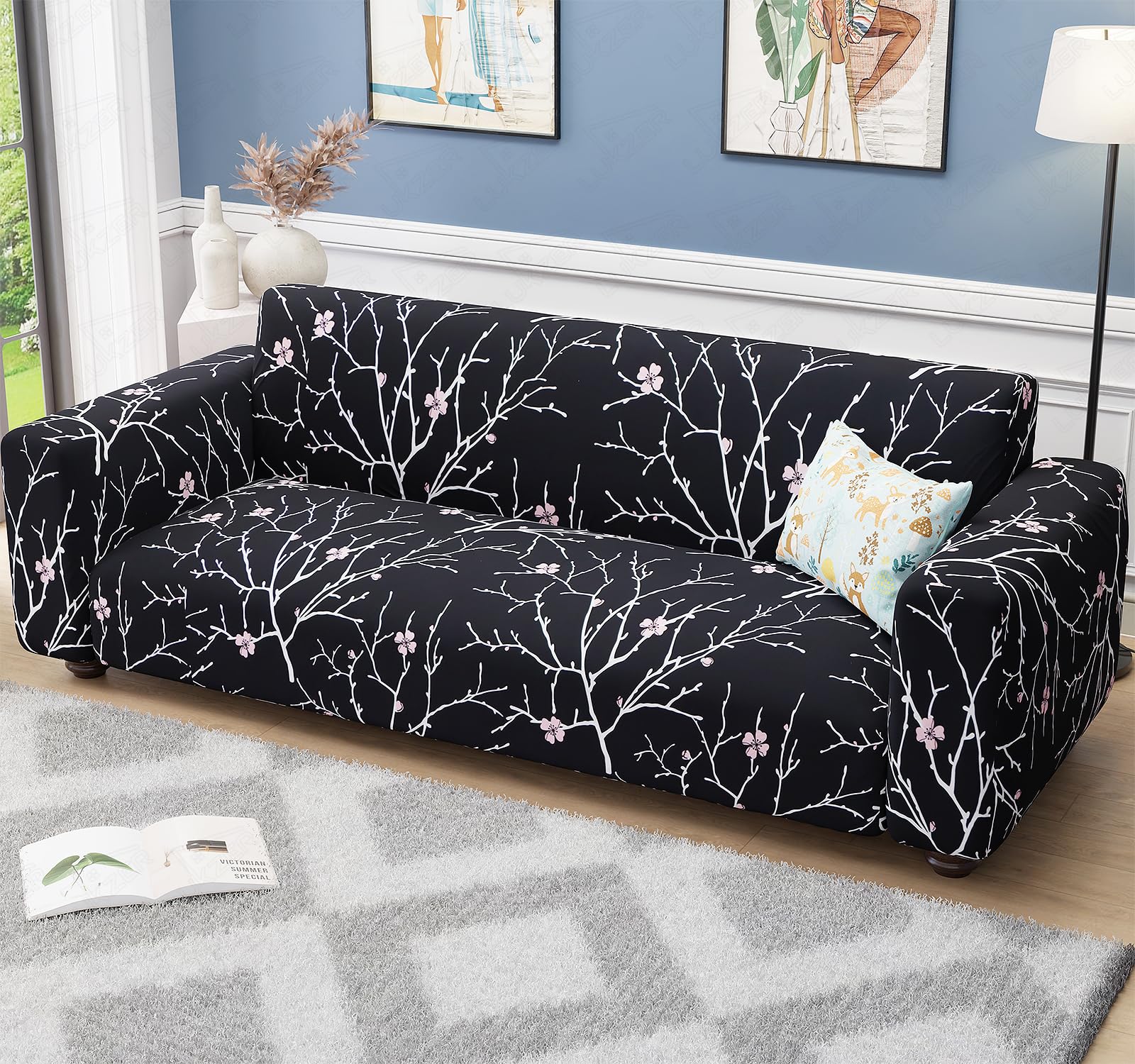 Lukzer 3 Seater Sofa Cover - Black Stem | 360° Fully Covered Anti-Slip Washable Couch Cover Protecter | 140 GSM Stretch Fit Polyester + Spandex Slipcover (180-200cm/SC-001-03)-picture-24