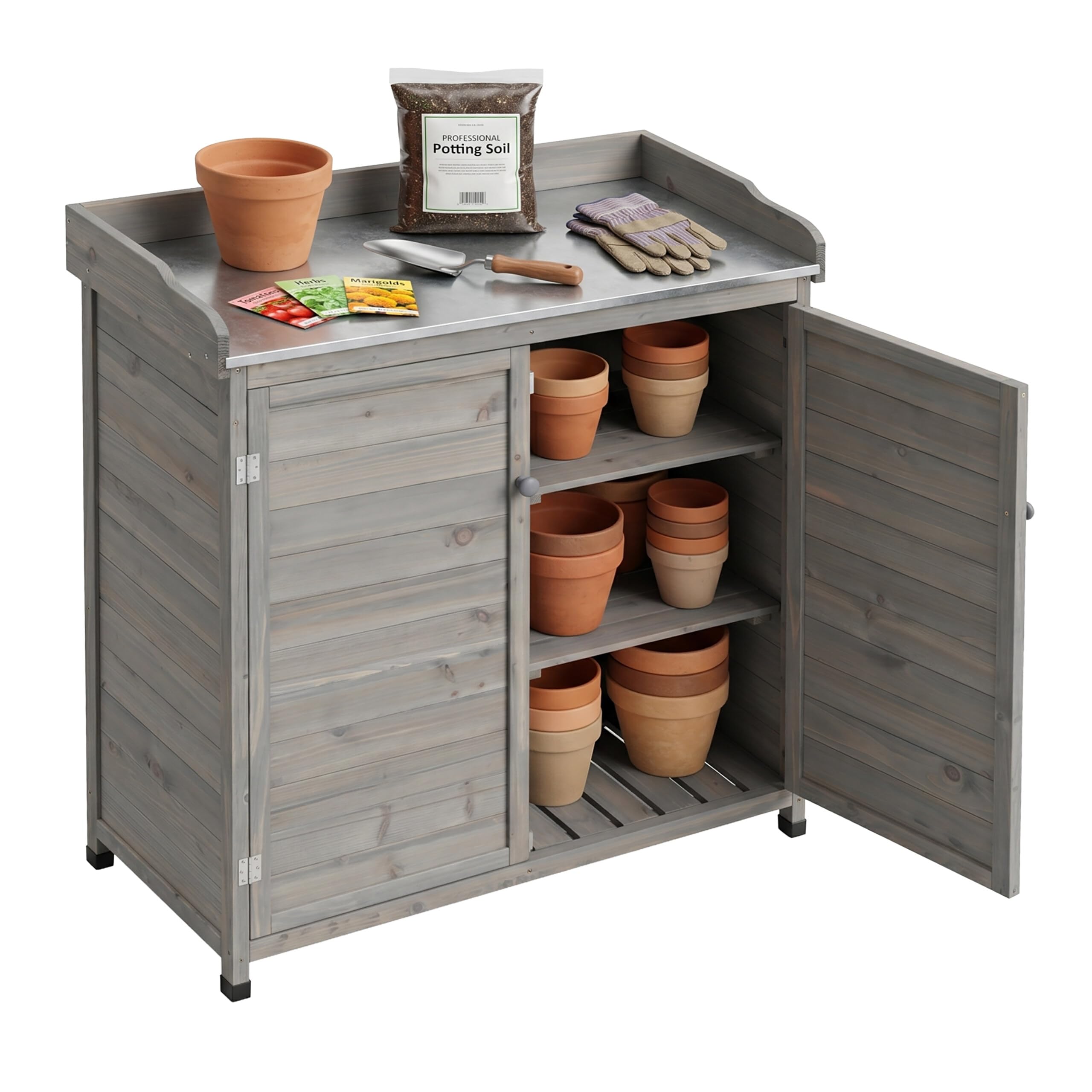 Relaxdays Pflanztisch mit Unterschrank, Holz, verzinkte Arbeitsplatte, grau