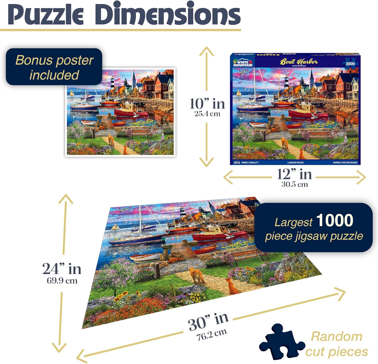 White Mountain 1000 Piece Jigsaw Puzzle Scenic Coastal Summer Puzzles with Large Pieces Gift for Adults and Family 24"x30" - Boat Harbor
